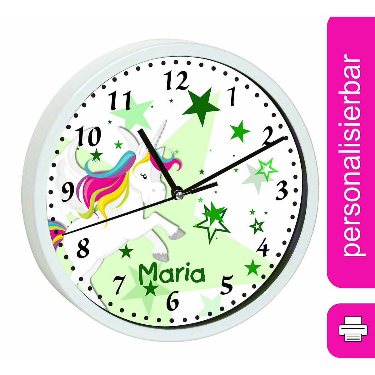 Kinder Wanduhr personalisiert mit Name Pegasus Sterne Grün