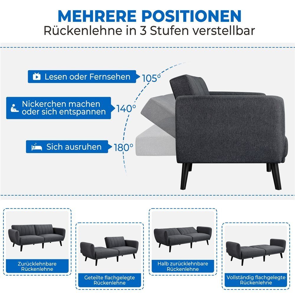 Yaheetech Schlafsofa, Klappsofa mit Schlaffunktion 3-Sitzer Sofa fürs Wohnzimmer