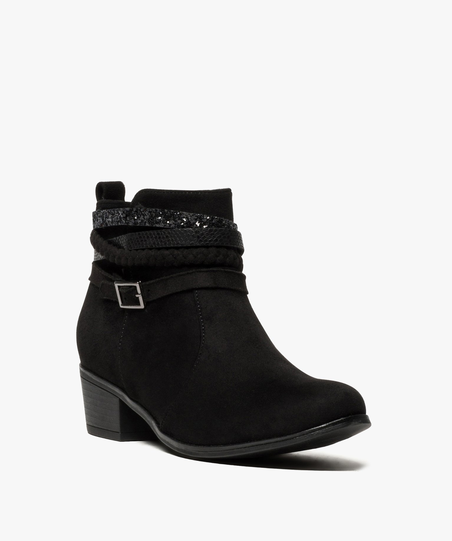 Boots femme en suédine unie avec brides fantaisie noir | GEMO
