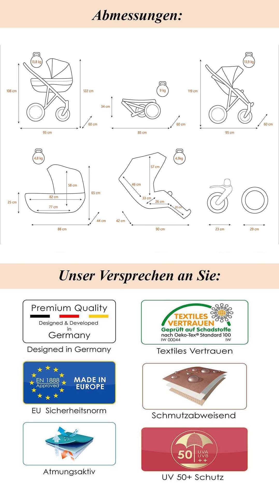 babies-on-wheels Kombi-Kinderwagen 3 in 1 Kinderwagen-Set Vip Lux - 12 Teile - in 16 Farben