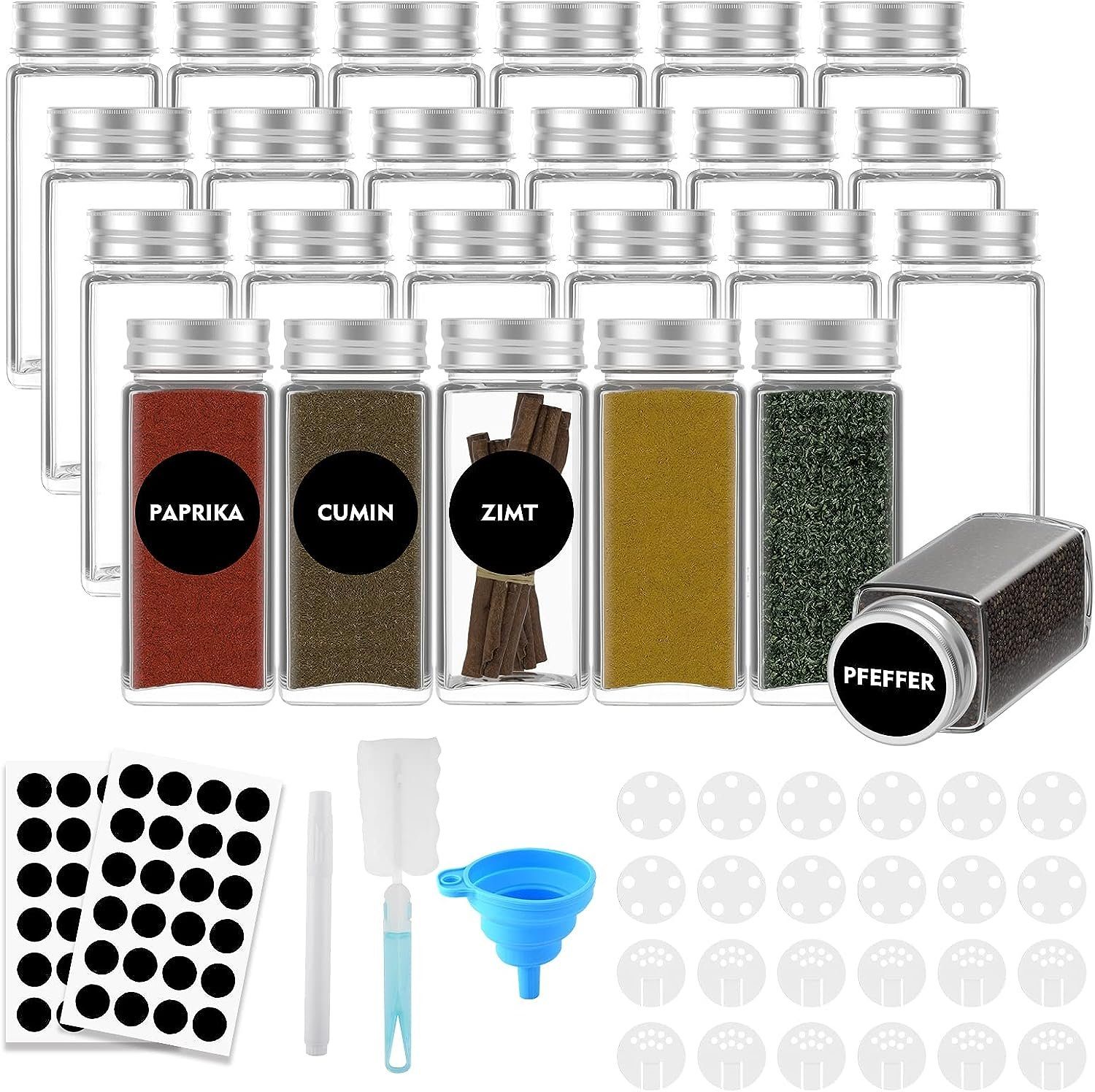 vokarala Gewürzbehälter Gewürzgläser Eckig 24 Set Glasbehälter Gewürzdosen aus Glas 120ml, (24-tlg), Gewürzstreuer mit Etiketten für Küche
