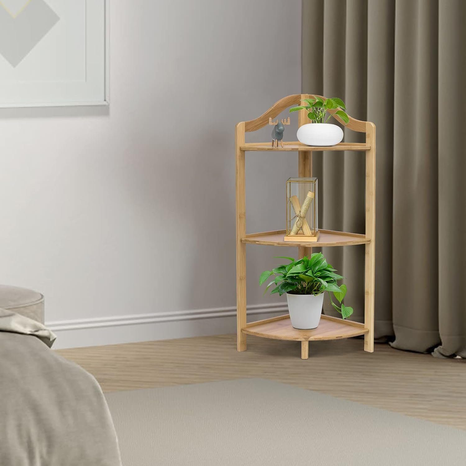 KOMFOTTEU Eckregal Standregal, mit 3 Etagen, aus Bambu, 33 × 33 × 85 cm