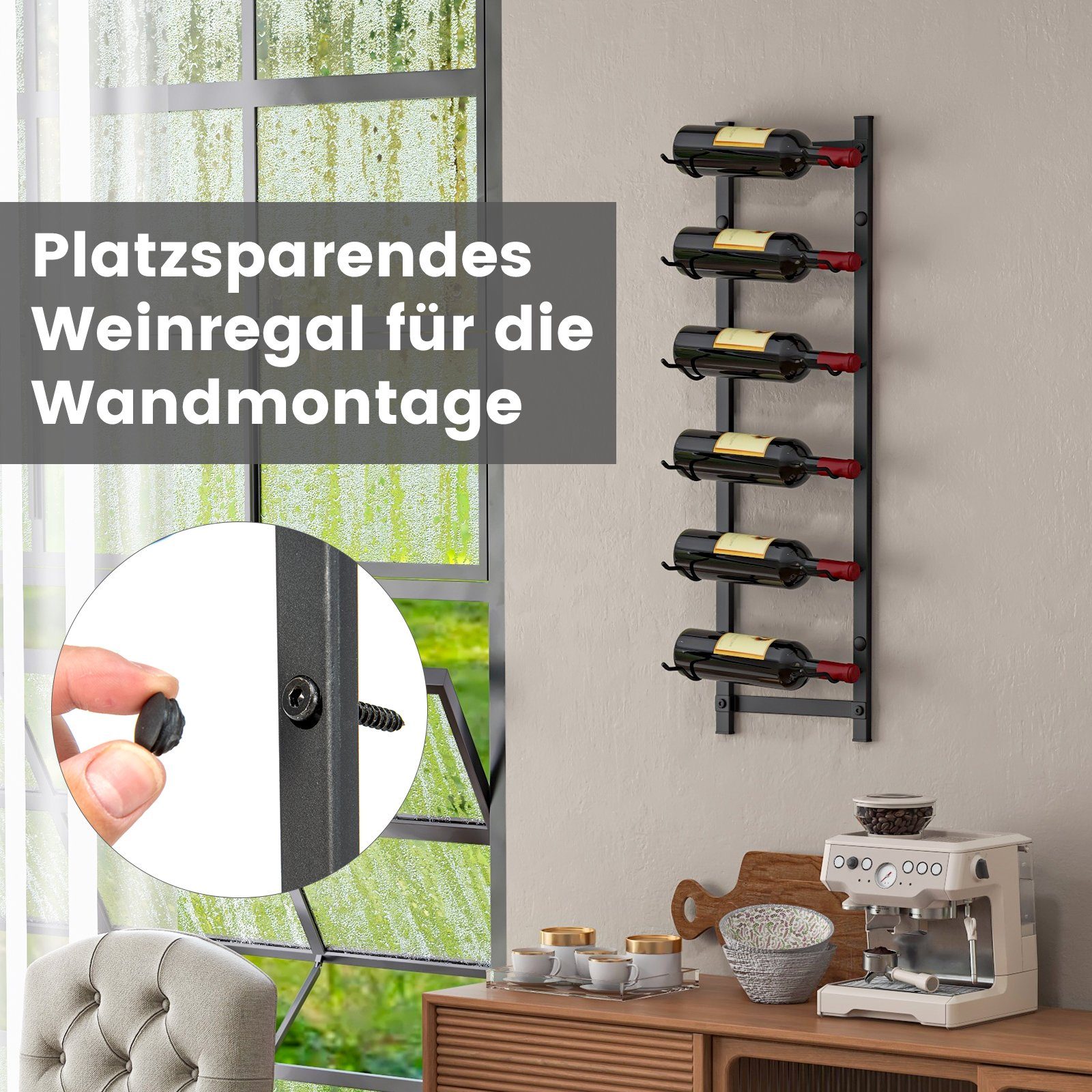 COSTWAY Weinregal, Wand, Metall, für 6 Flaschen, Industrial, 13,5x22x73cm