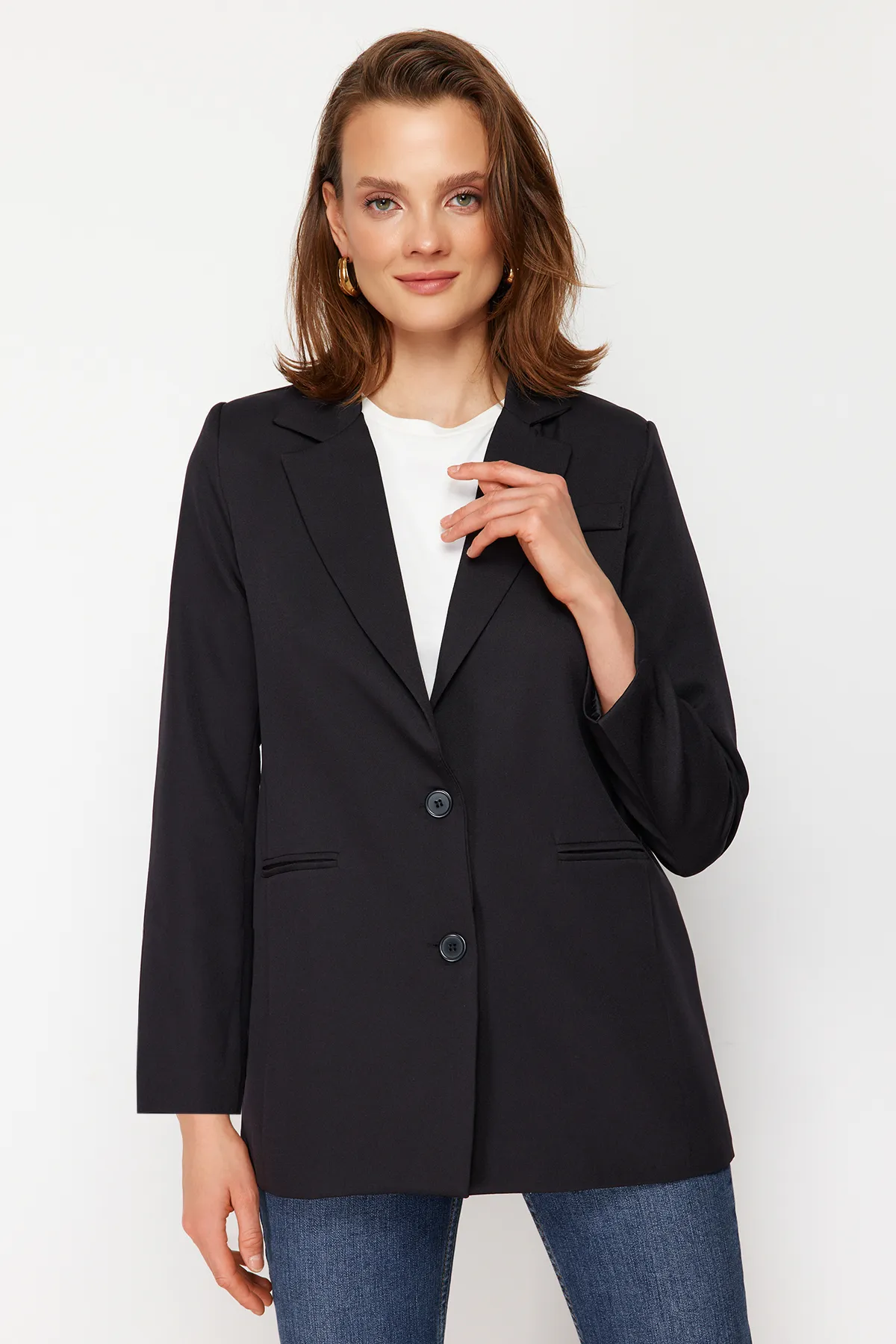 Trendyol Modest  Schwarze geknöpfte Blazer-Webjacke TCTAW22CK0032