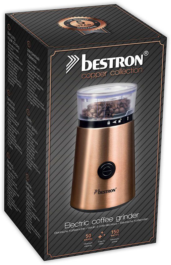 bestron Kaffeemühle ACG1000CO, 150 W, Schlagmahlwerk, 50 g Bohnenbehälter, elektrisch, mit Edelstahl-Schlagmesser, Edelstahl in Kupfer-Optik