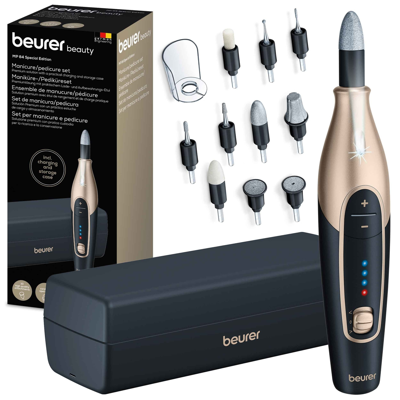 Beurer Wiederaufladbares Maniküre- & Pediküreset MP 84-Kabelloser Nagelfräser für Maniküre & Pediküre mit 10 Saphir- & Filzaufsätzen