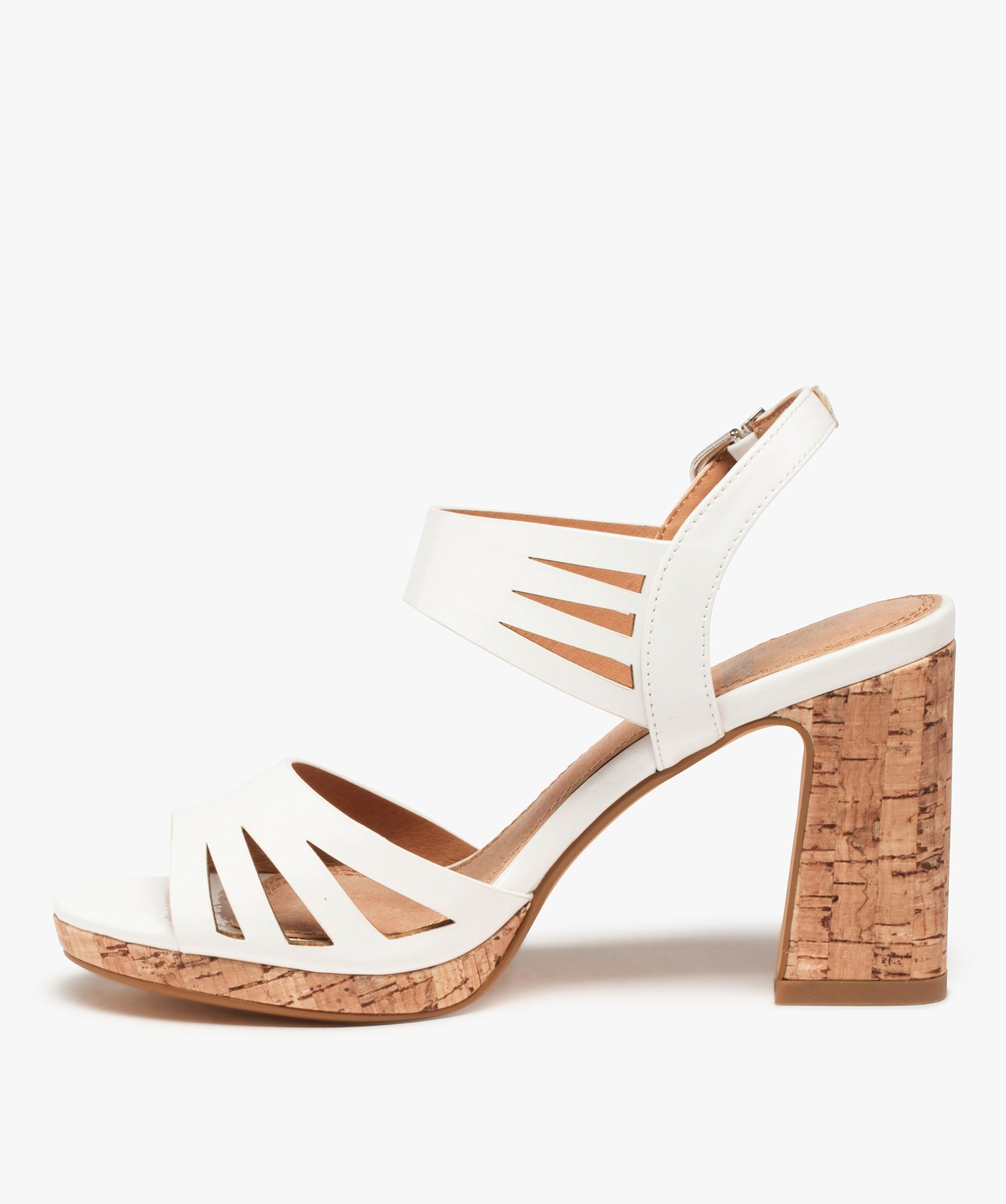 Sandales femme à talon liège et brides vernies blanc | GEMO