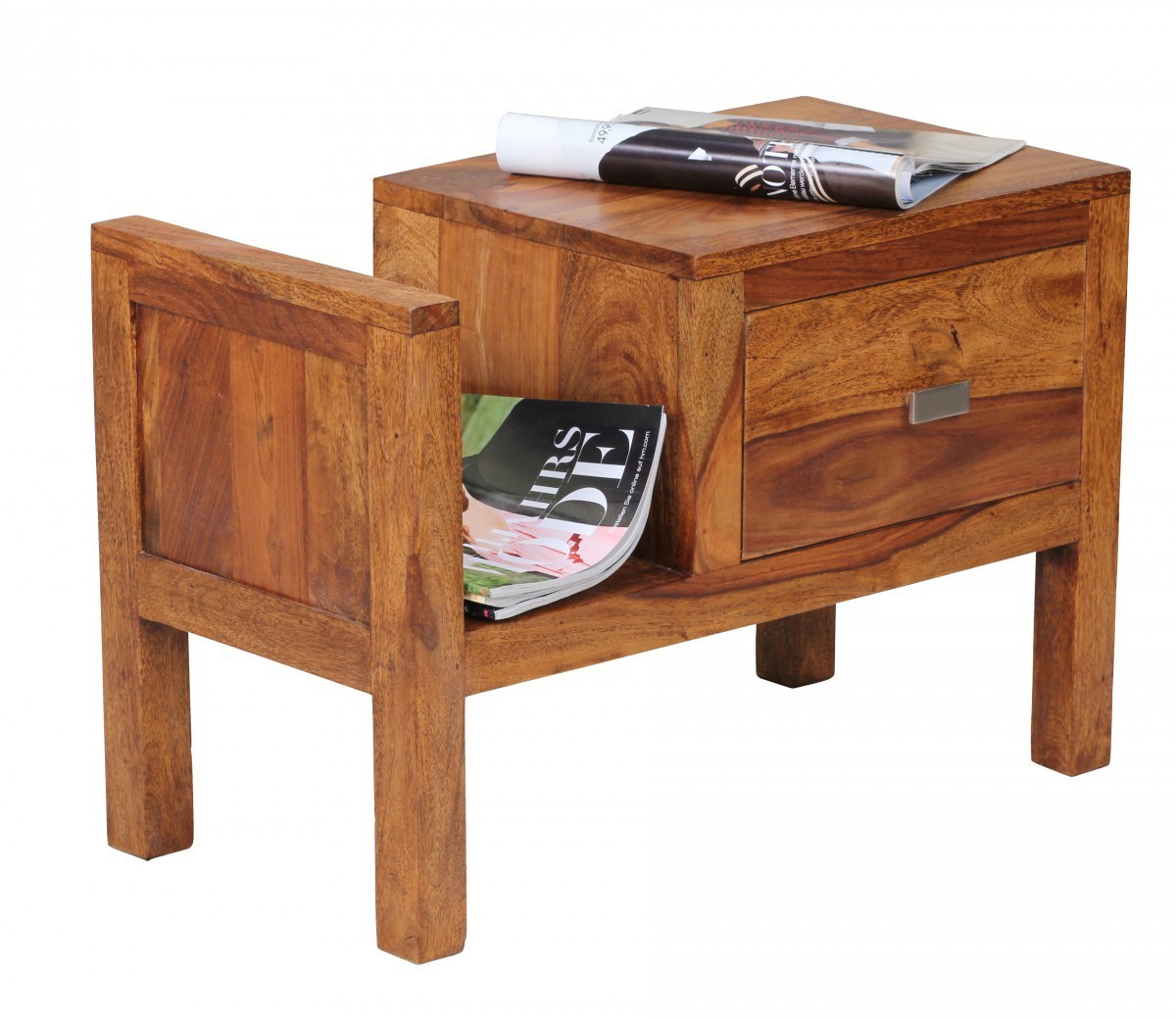 Skyport Sheesham Massivholz Nachtkonsole mit Schublade und Zeitungsablage 60 x 30 x 40 cm