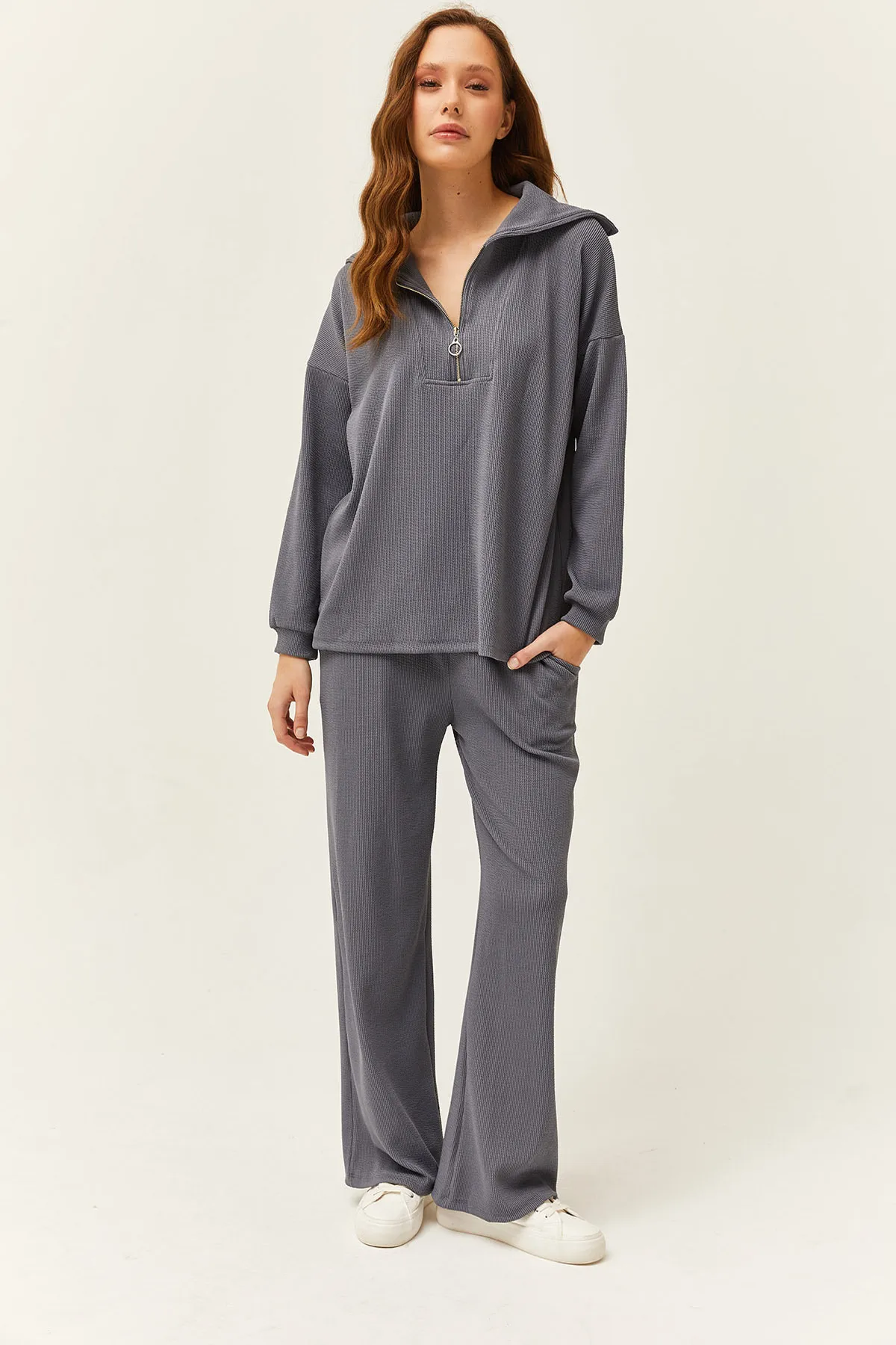 Olalook  Damen-Set mit geräuchertem Oberteil, Pullover mit Reißverschluss und Palazzo-Hose, TKM-19000240