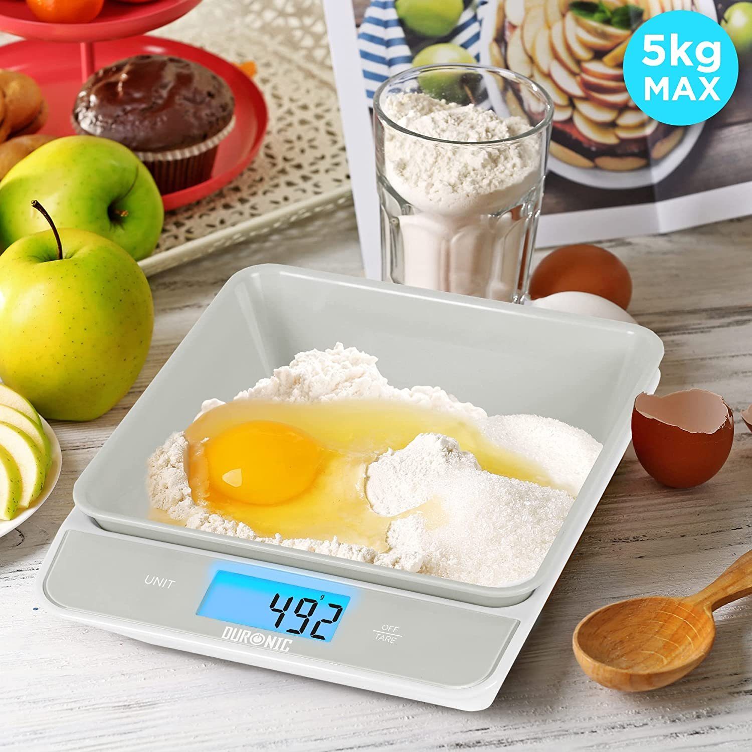 Duronic Küchenwaage, KS100 GY Küchenwaage, 5 kg Digitalwaage mit 1,2 L Schüssel