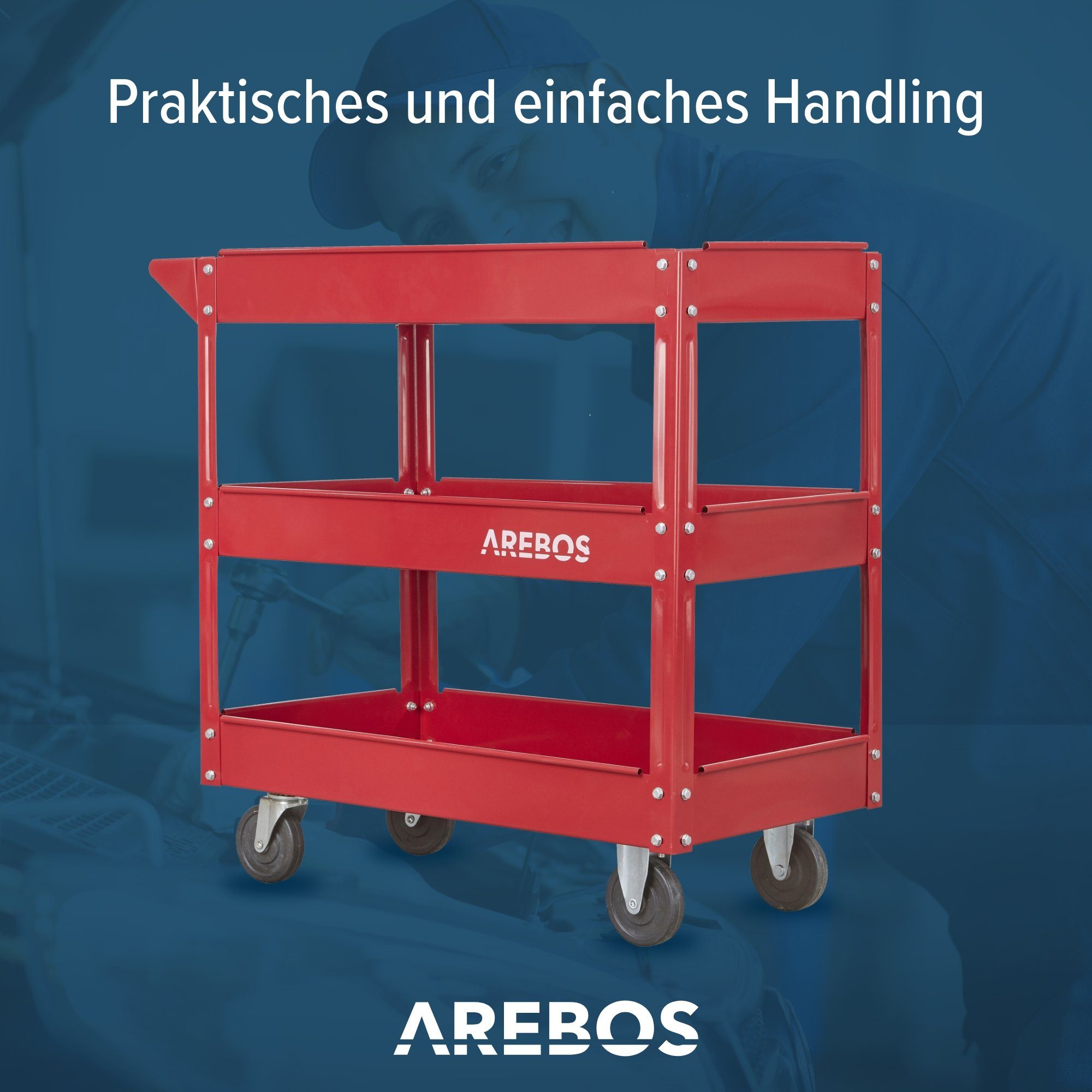Arebos Werkstattwagen Werkstatt-Rollwagen, Werkzeugwagen, Belastbarkeit bis zu 100 kg, 2 Fächer, max. Traglast:100,00 kg