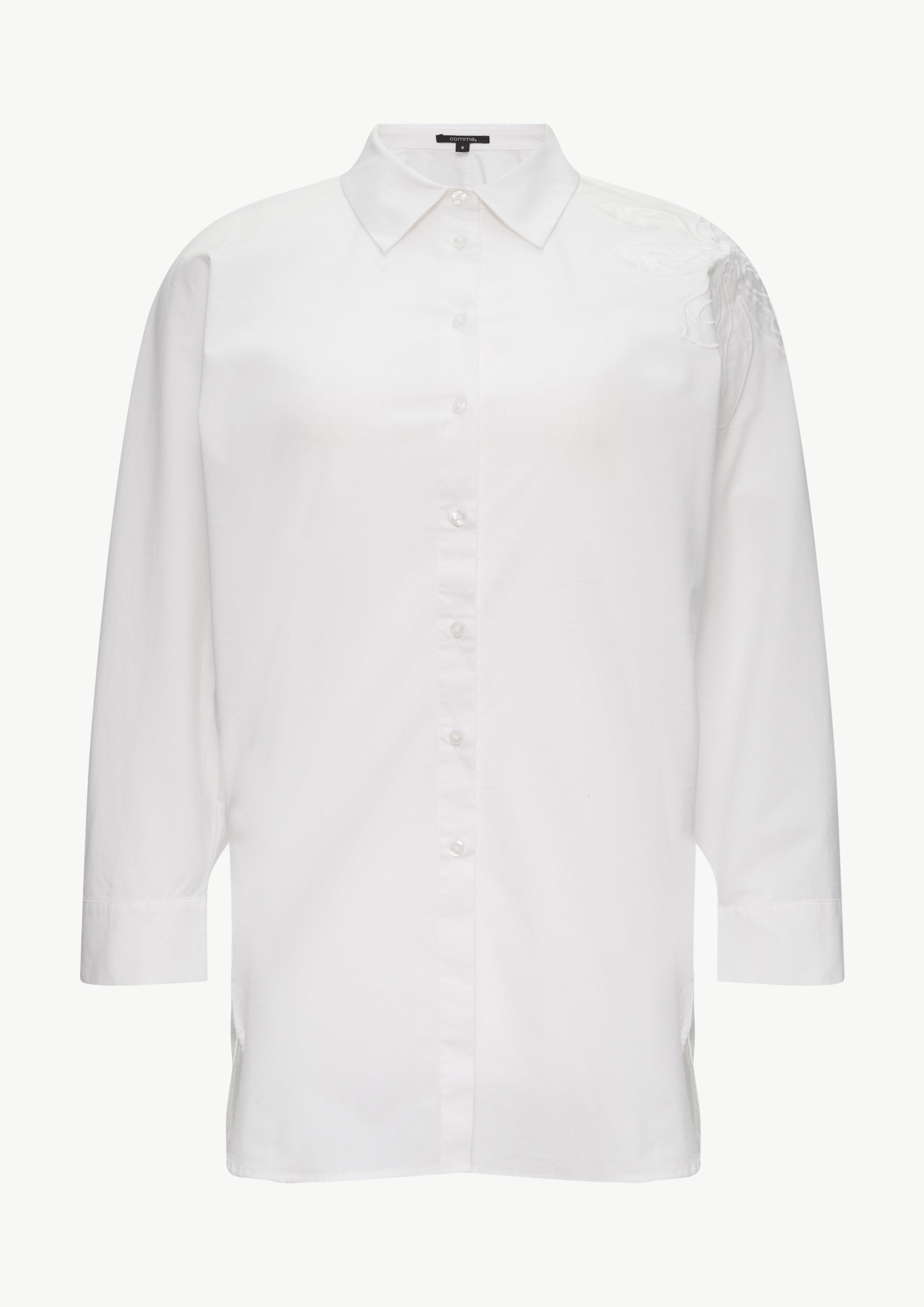 Lange Popeline-Bluse mit verkürzten Ärmeln und Stickerei - weiß