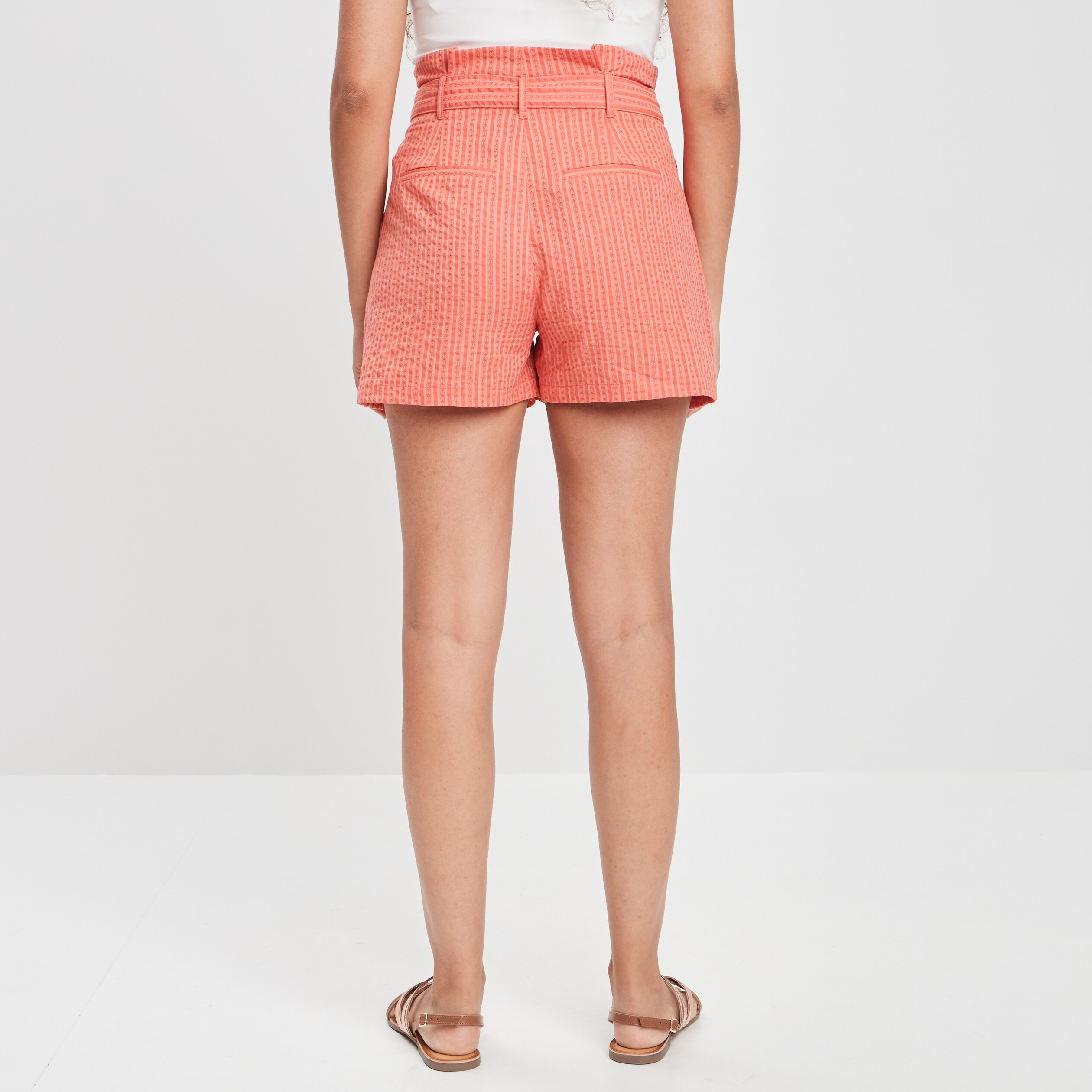 Short paperbag ceinturé rouge corail femme | La Halle