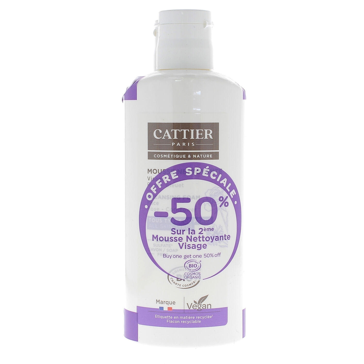 Cattier Mousse Nettoyante Visage Tous Types de Peaux 2x150 ml