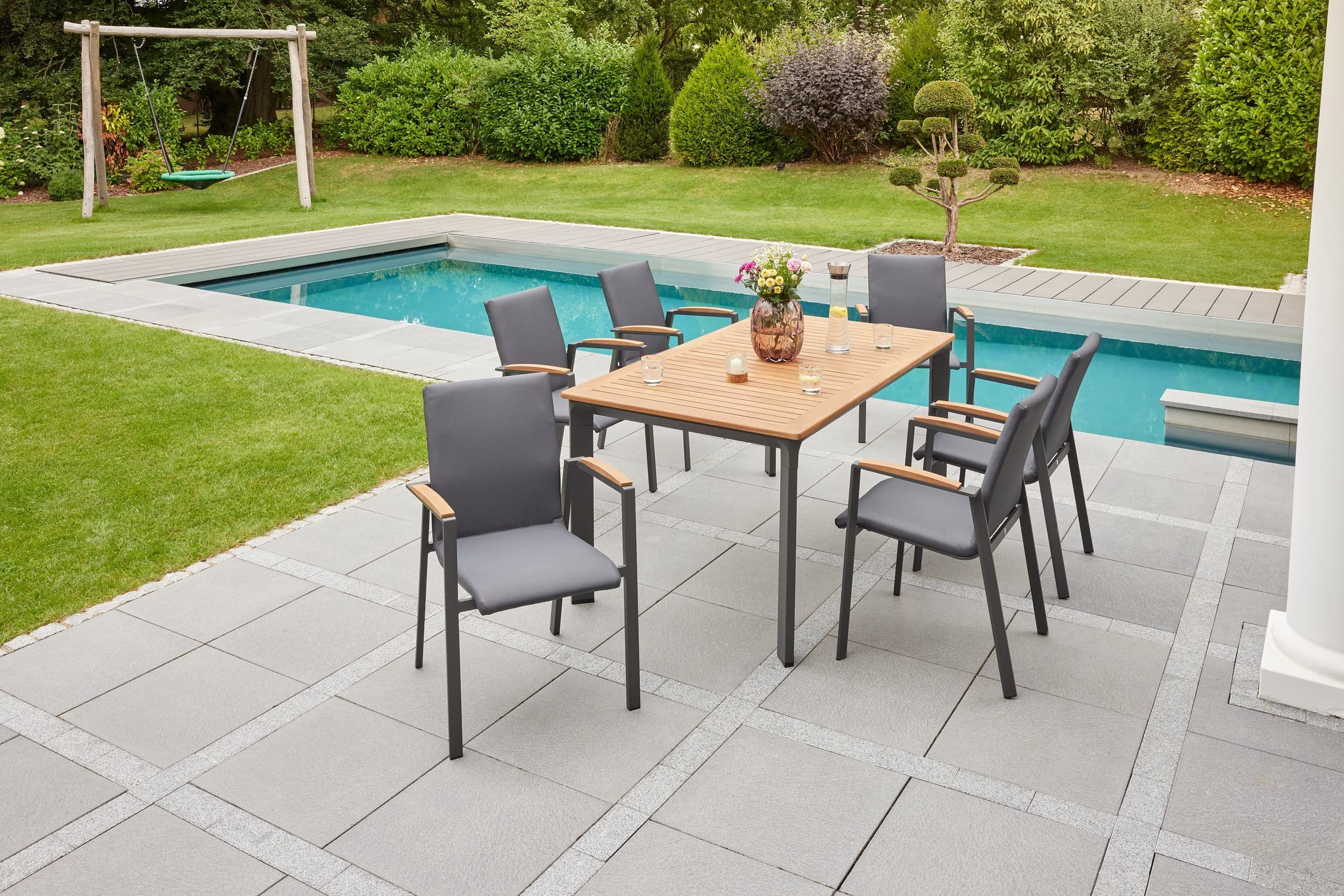 LC Garden Stapelstuhl LC Garden 4er Set Unicamo Sunvego Stapelstuhl Textilen anthrazit Teakholz Gartenstuhl