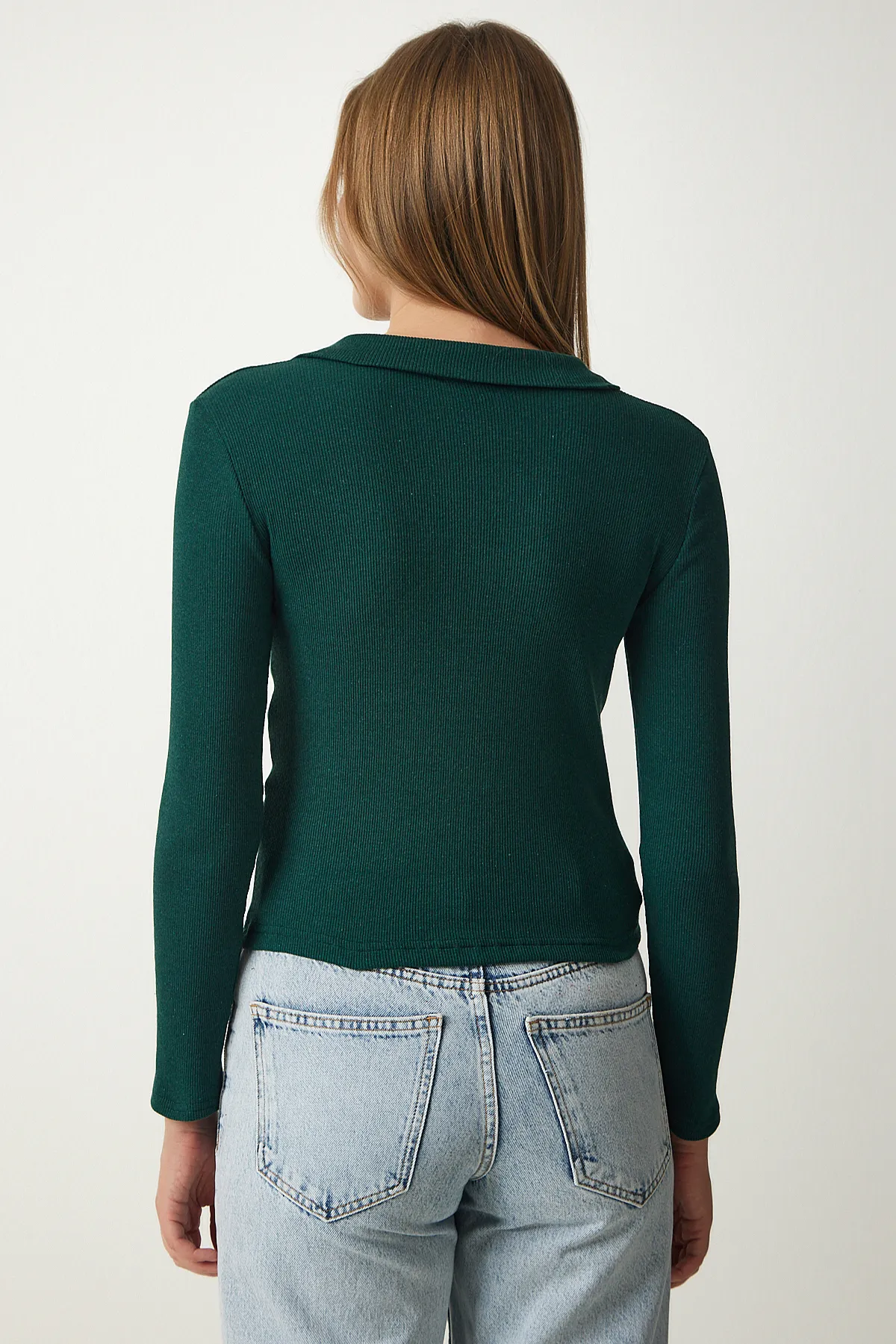Happiness İstanbul  Grüne Damen-Strickbluse mit Polokragen GT00111