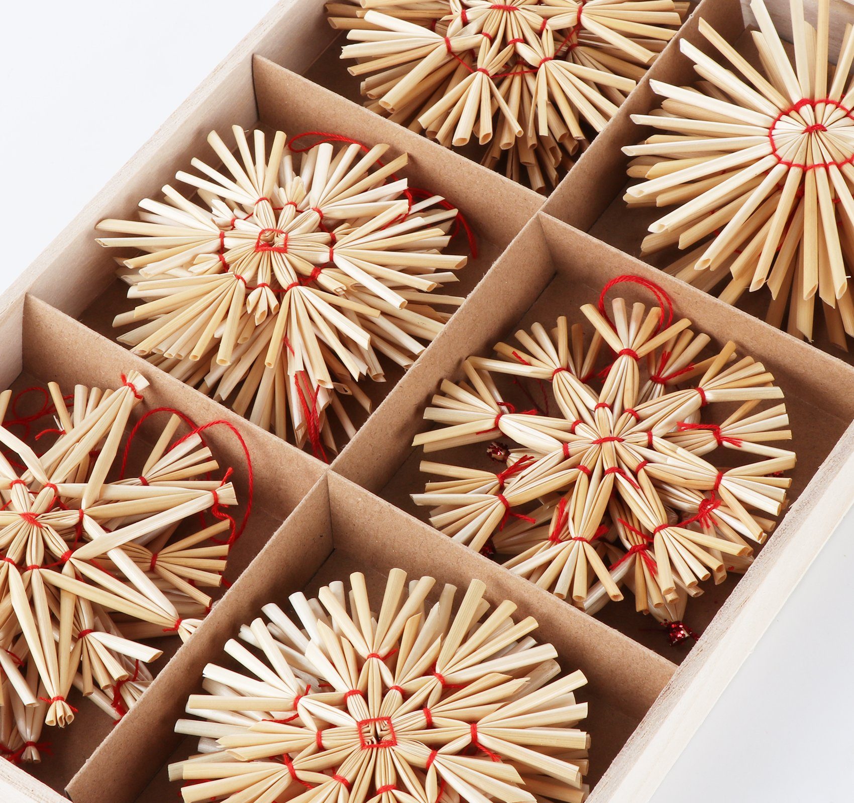 Homewit Christbaumschmuck Strohstern Set Christbaum Schmuck Stroh-Anhänger für Weihnachtsbaum (24-tlg), Weihnachtsdekoration - Ø 8cm mit Einer Schönen Holzkiste