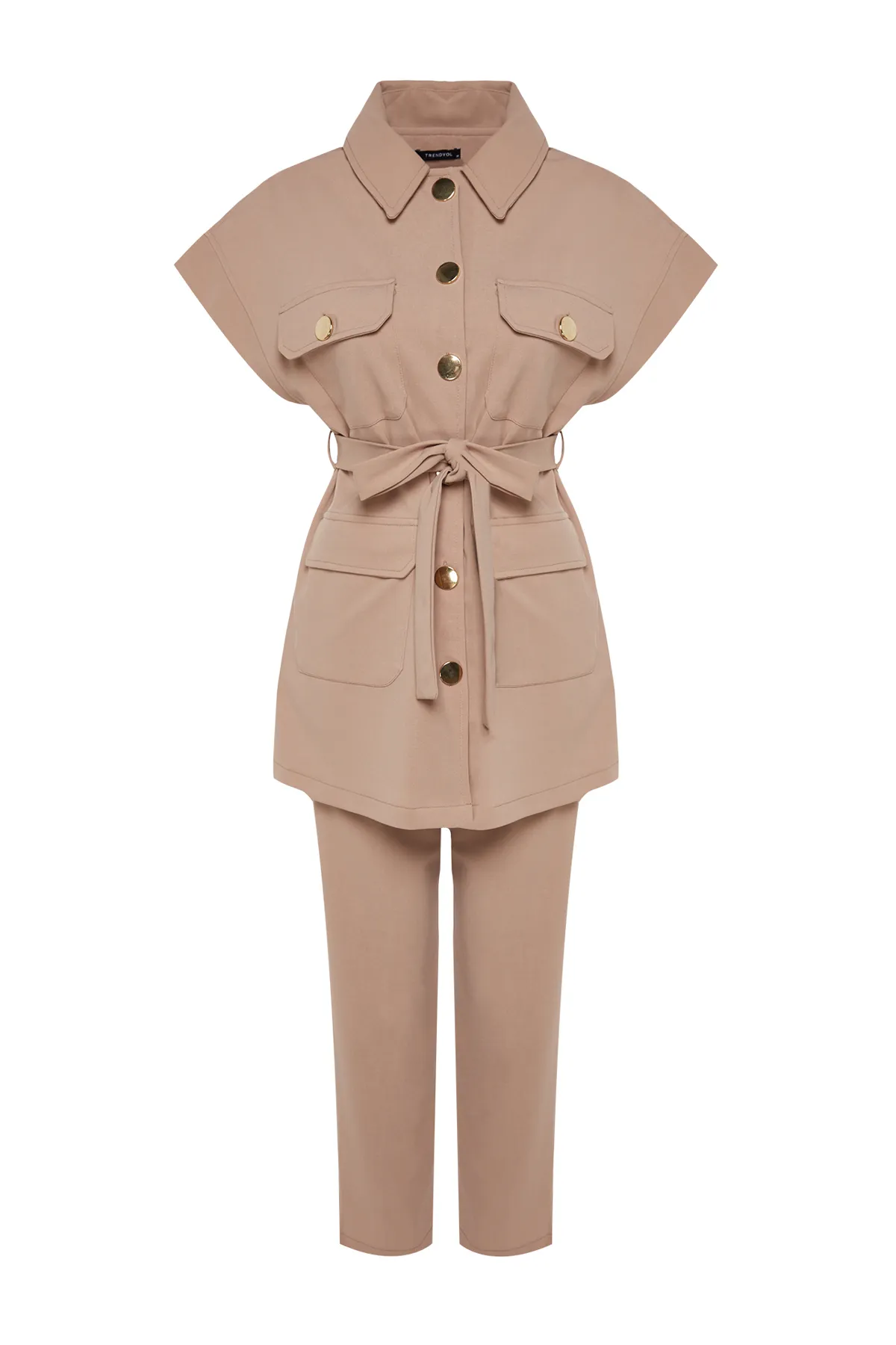 Trendyol Modest  Nerzgoldener Anzug mit geknöpfter Weste und Hose aus Strickoberteil TCTAW22US0062