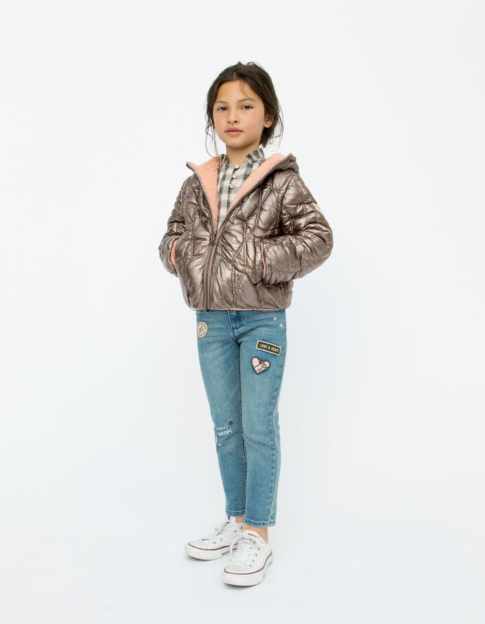 Doudoune réversible rose cuivré et Sherpa fille