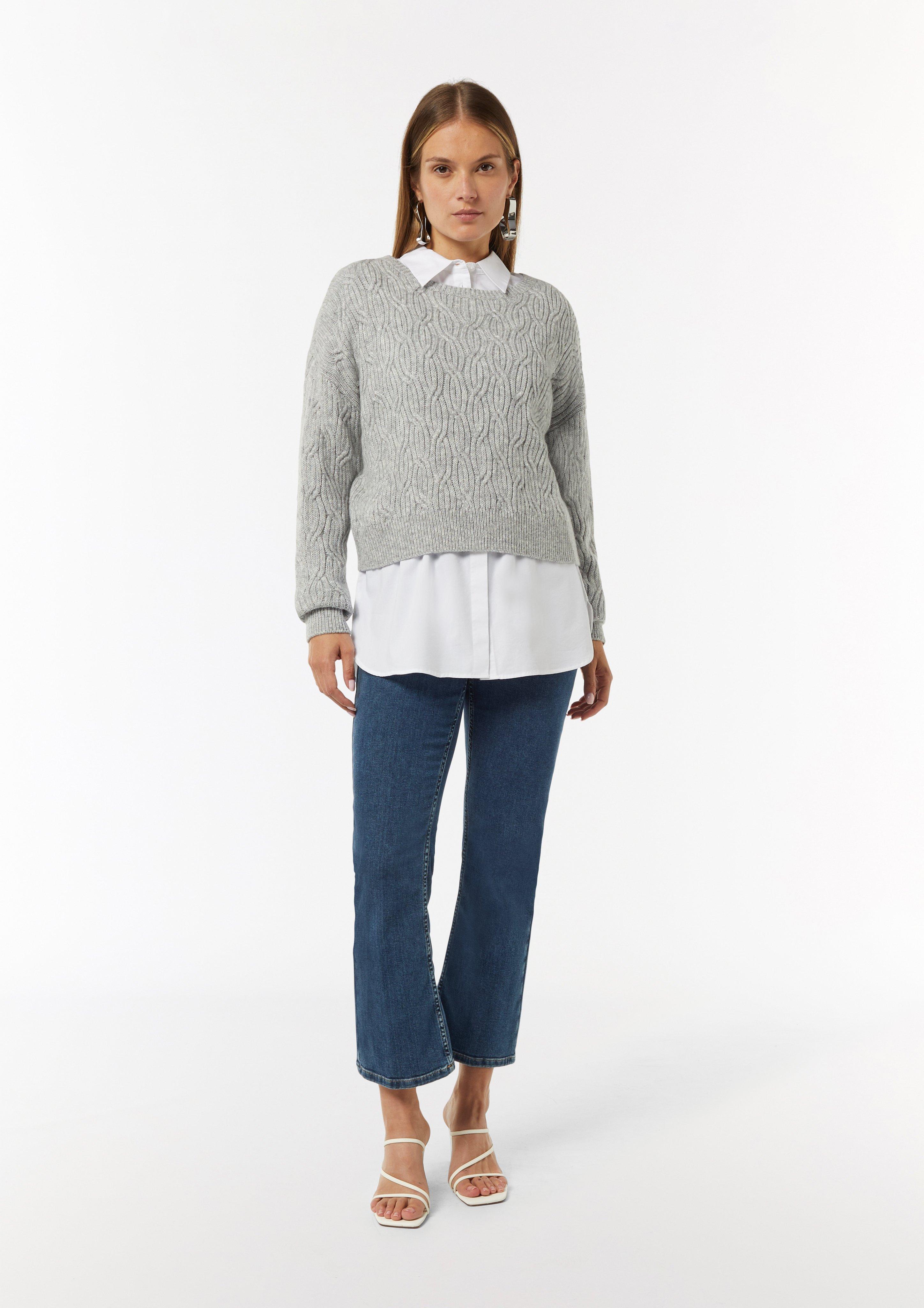 Lange Popeline-Bluse mit verkürzten Ärmeln und Stickerei - weiß