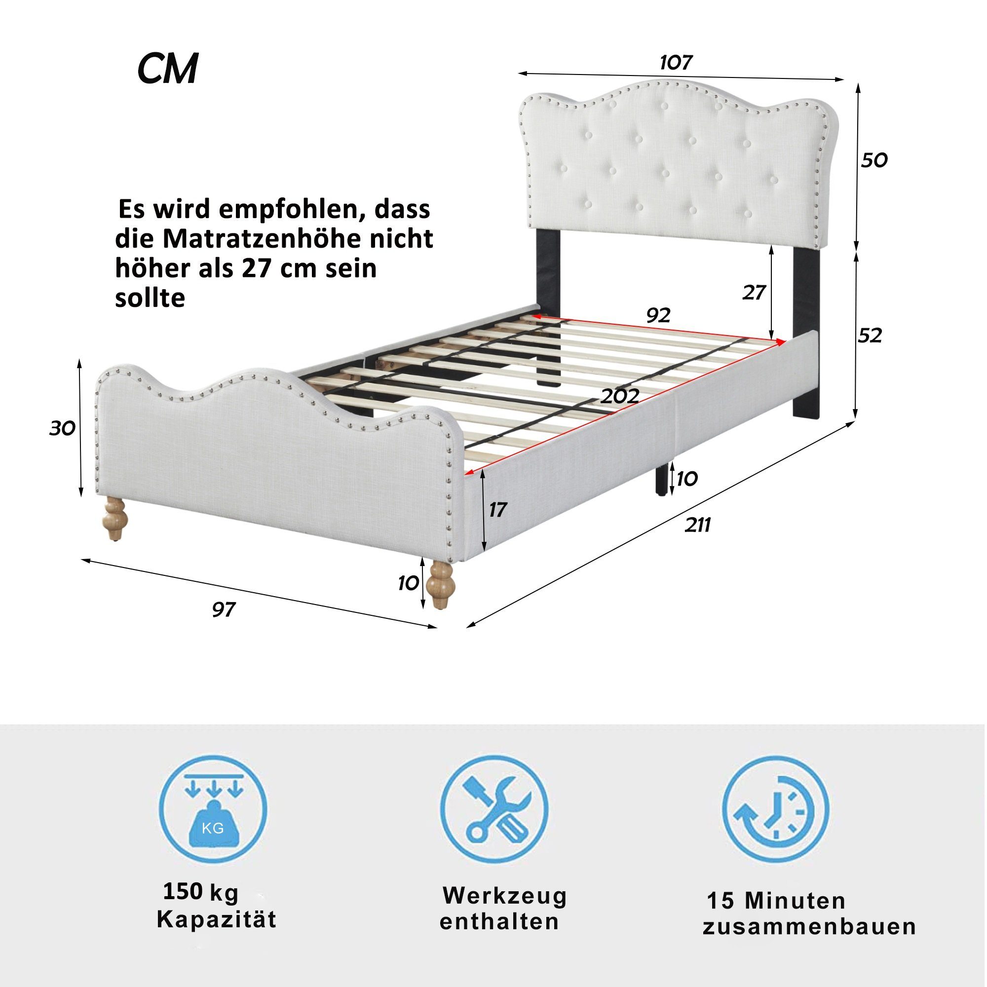 OKWISH Polsterbett Kinderbett Doppelbett Funktionsbett Gästebett (mit Fußteil und Lattenrost gepolstertes Einzelbett Jugendbett Gästebett 90x200 cm, Bettgestell in weißem hautfreundlichem Leinenstoff mit Kopfteil), ohne Matratze