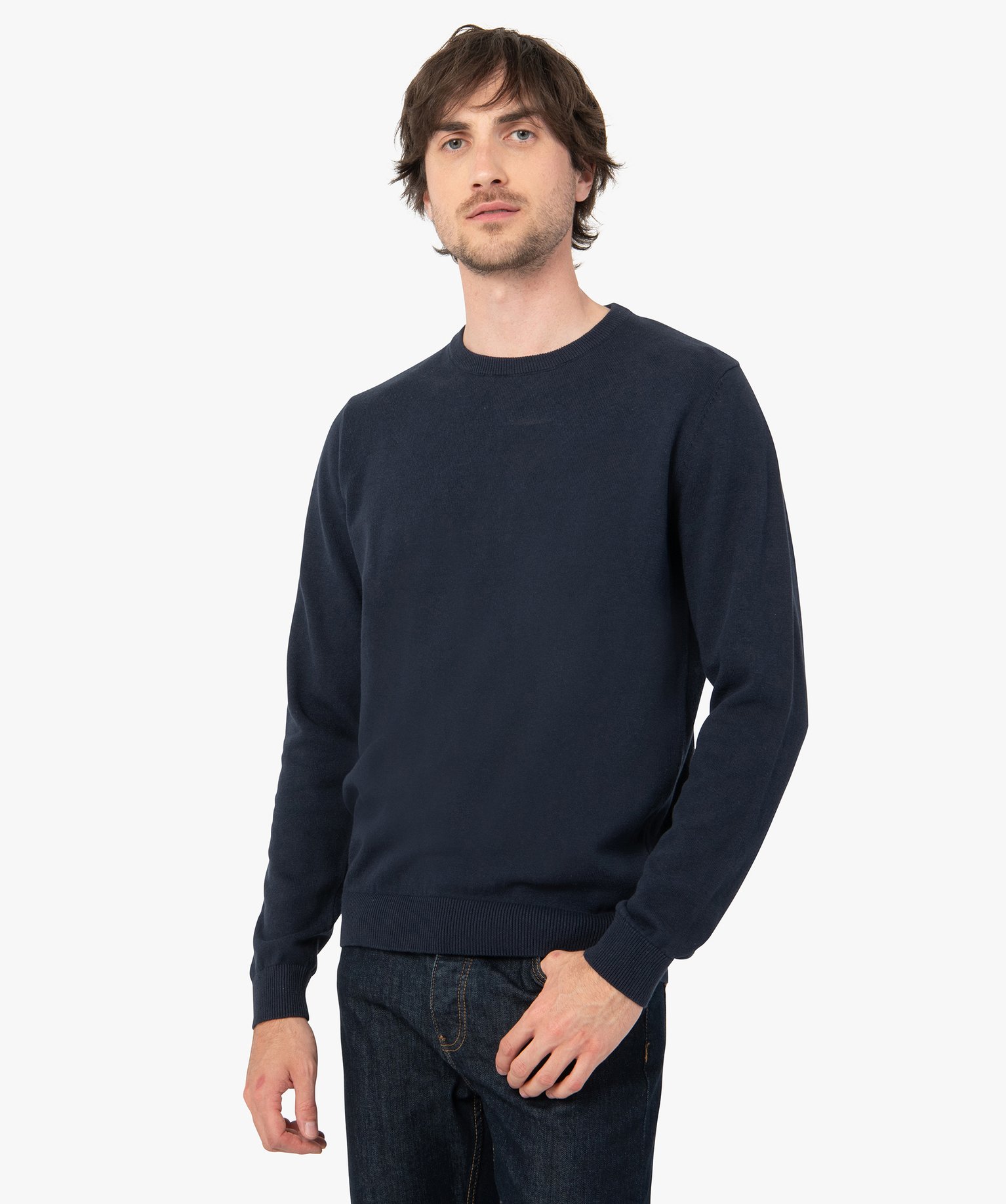 Pull homme à col rond en coton bleu | GEMO