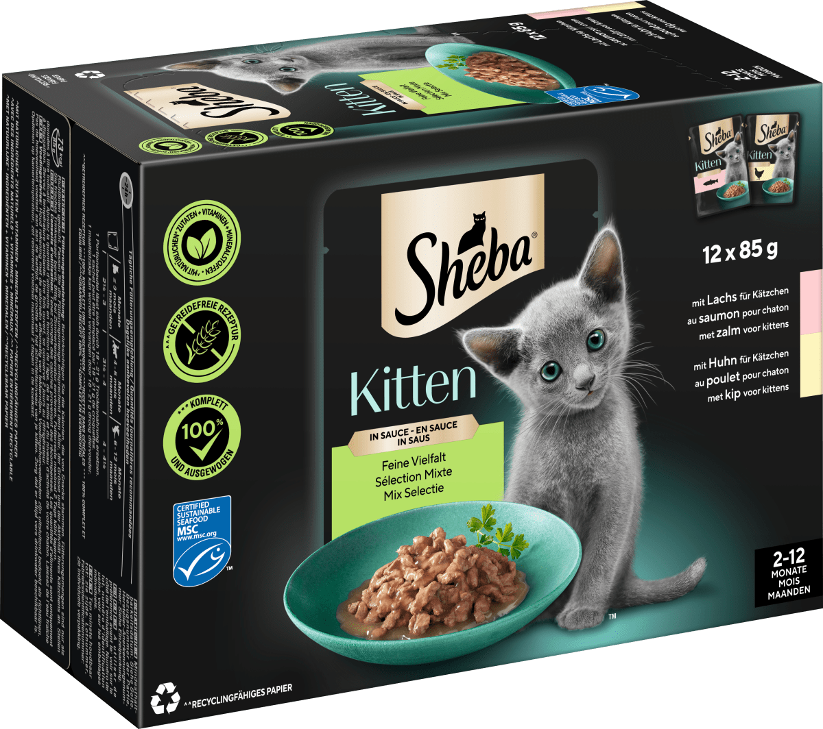 Nassfutter Katze Kitten mit Lachs & Huhn, feine Vielfalt in Sauce, Junior Multipack (12x85 g), 1,02 kg