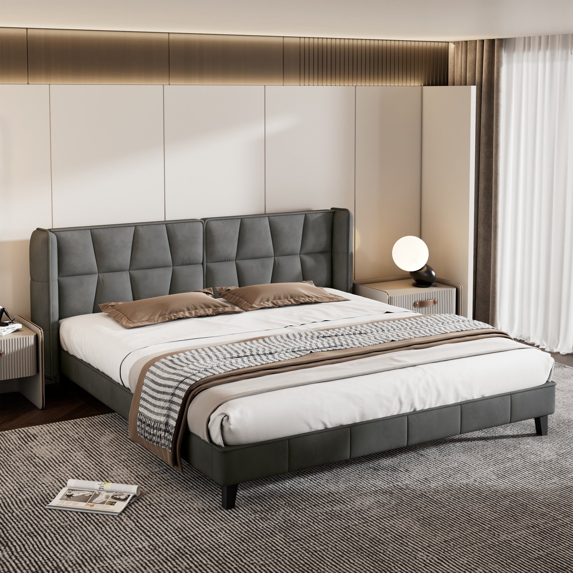 Flieks Polsterbett, Doppelbett mit Lattenrost und Kopfteil Samt 160x200cm
