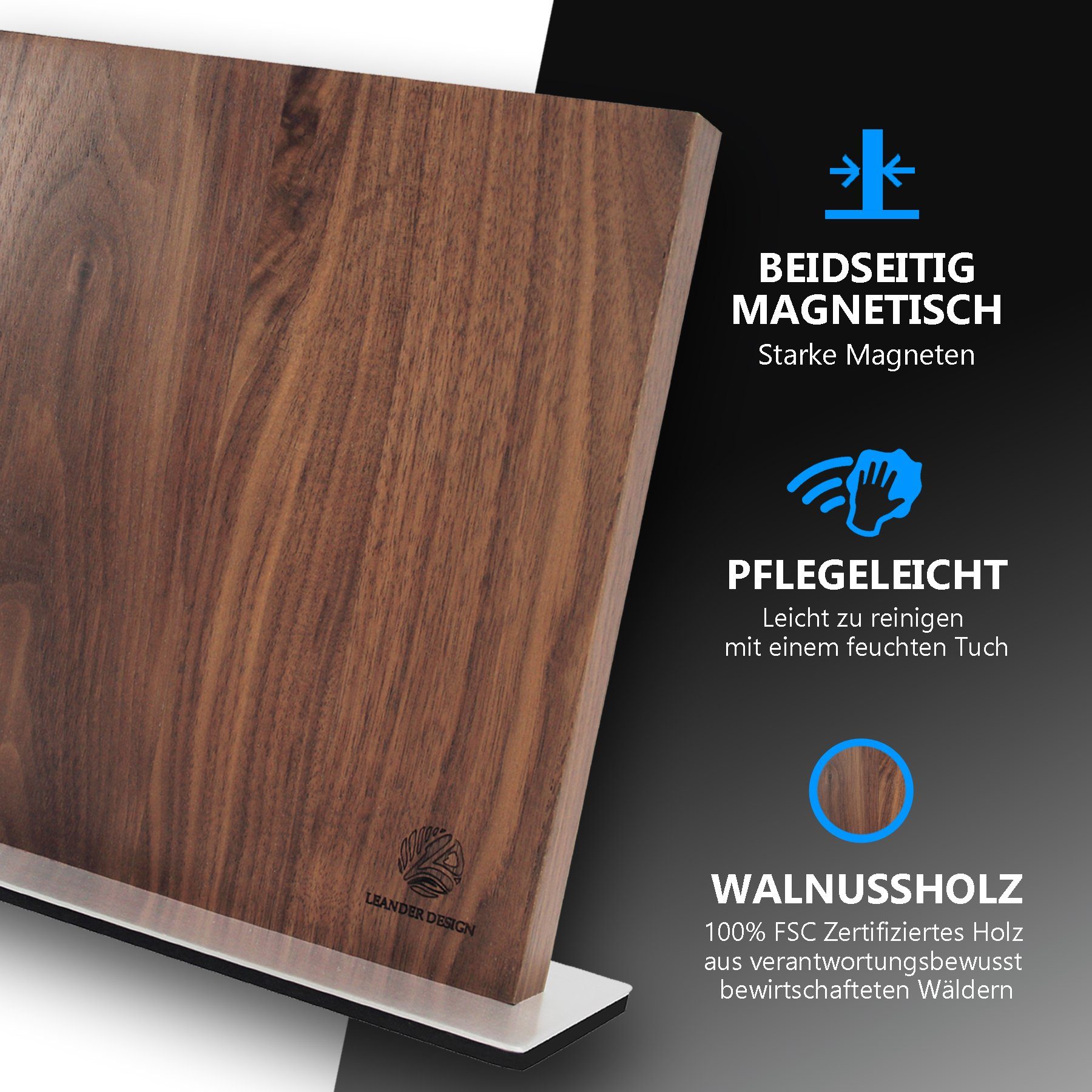 LEANDER DESIGN Magnet-Messerblock Messerblock Magnetisch ohne Messer – Messerhalter aus Walnussholz (1tlg)