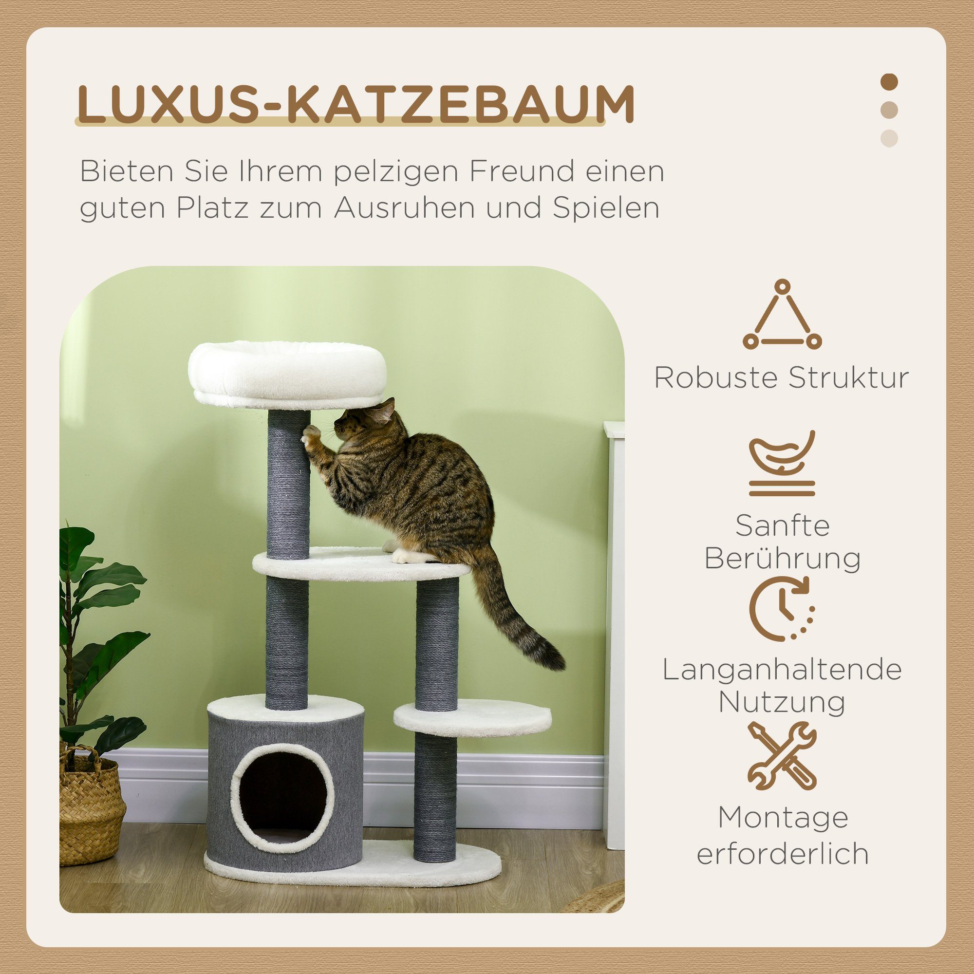 PawHut Kratzbaum Katzenkratzbaum mit Katzenhöhle, 3 Plattformen, Katzenmöbel, Grau+Weiß, 30.5B x 55.5L x 98H cm