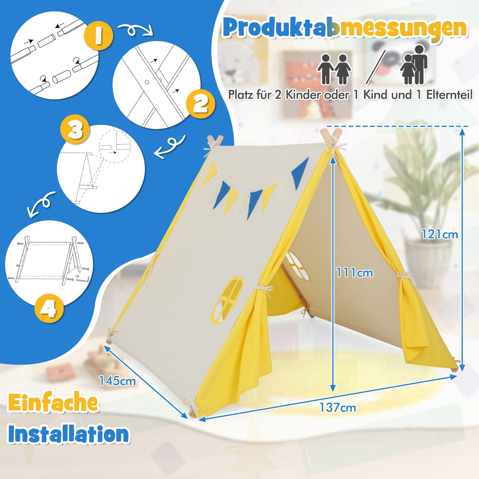 COSTWAY Tipi-Zelt Kinder Spielzelt, Personen: 2, 137 x 145 x 121 cm
