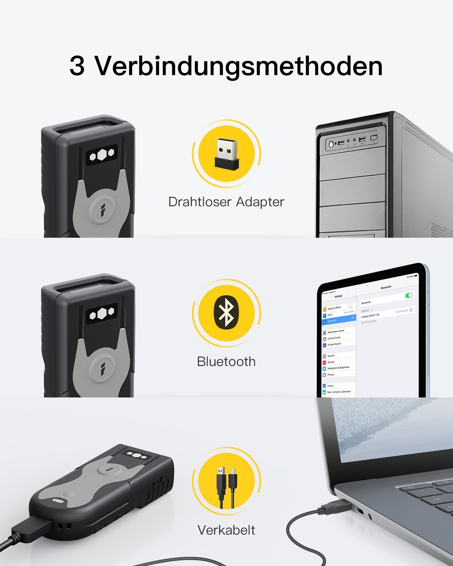 Inateck 1D CCD Bluetooth Scanner, liest Barcodes von Bildschirmen Handscanner, (Tragbar)