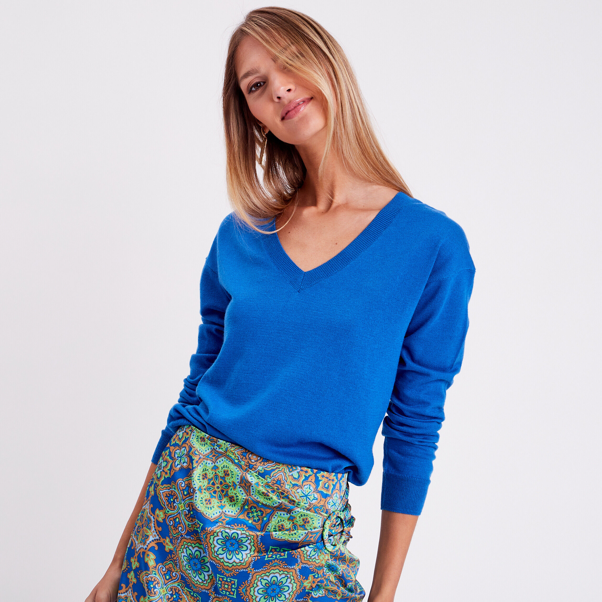 Pull col en V bleu roi femme | Cache Cache