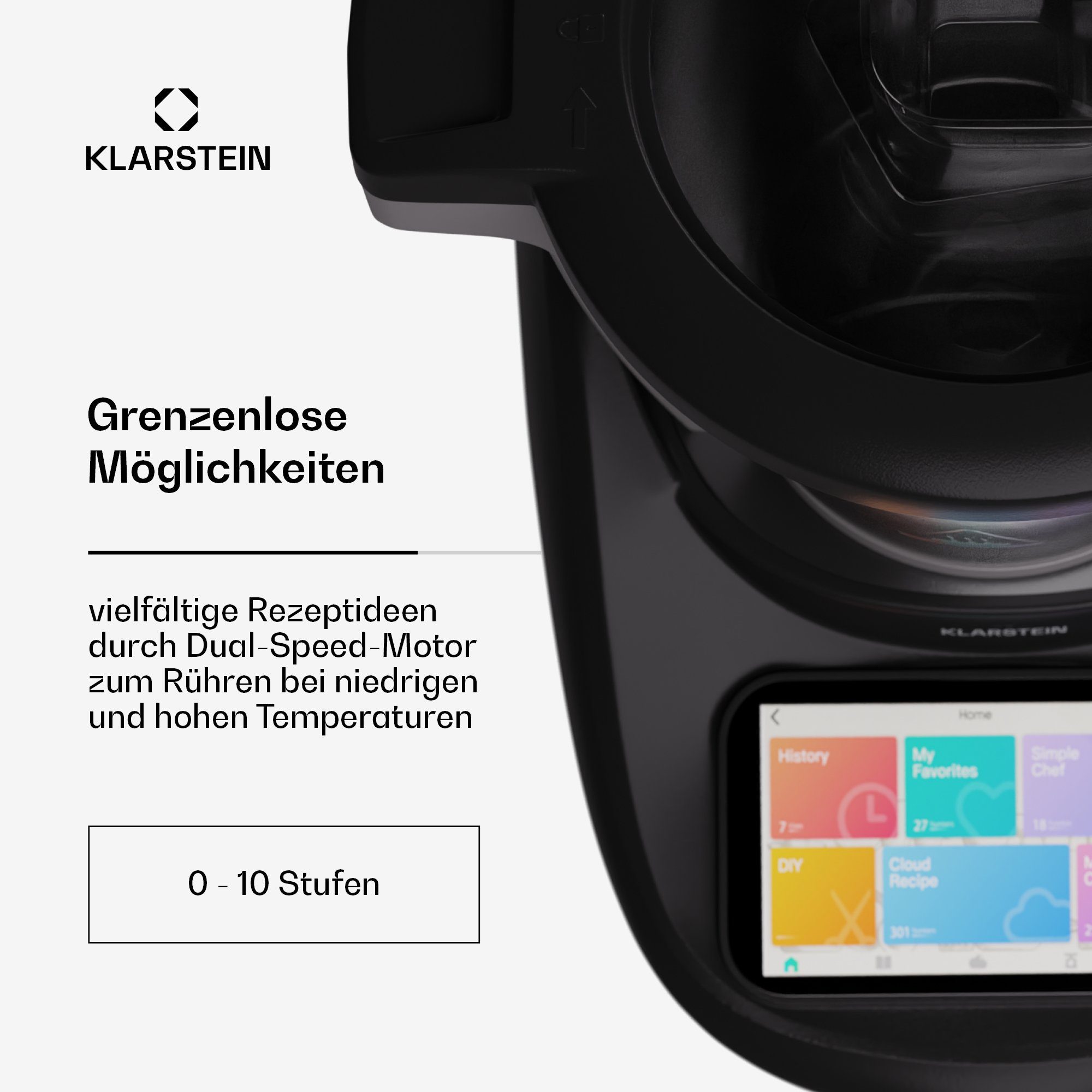 Klarstein Küchenmaschine mit Kochfunktion Aria Select Smart, 1700 W, 4.7 l Schüssel, Dämpfaufsatz Waage 4,7 L Edelstahl Touch App
