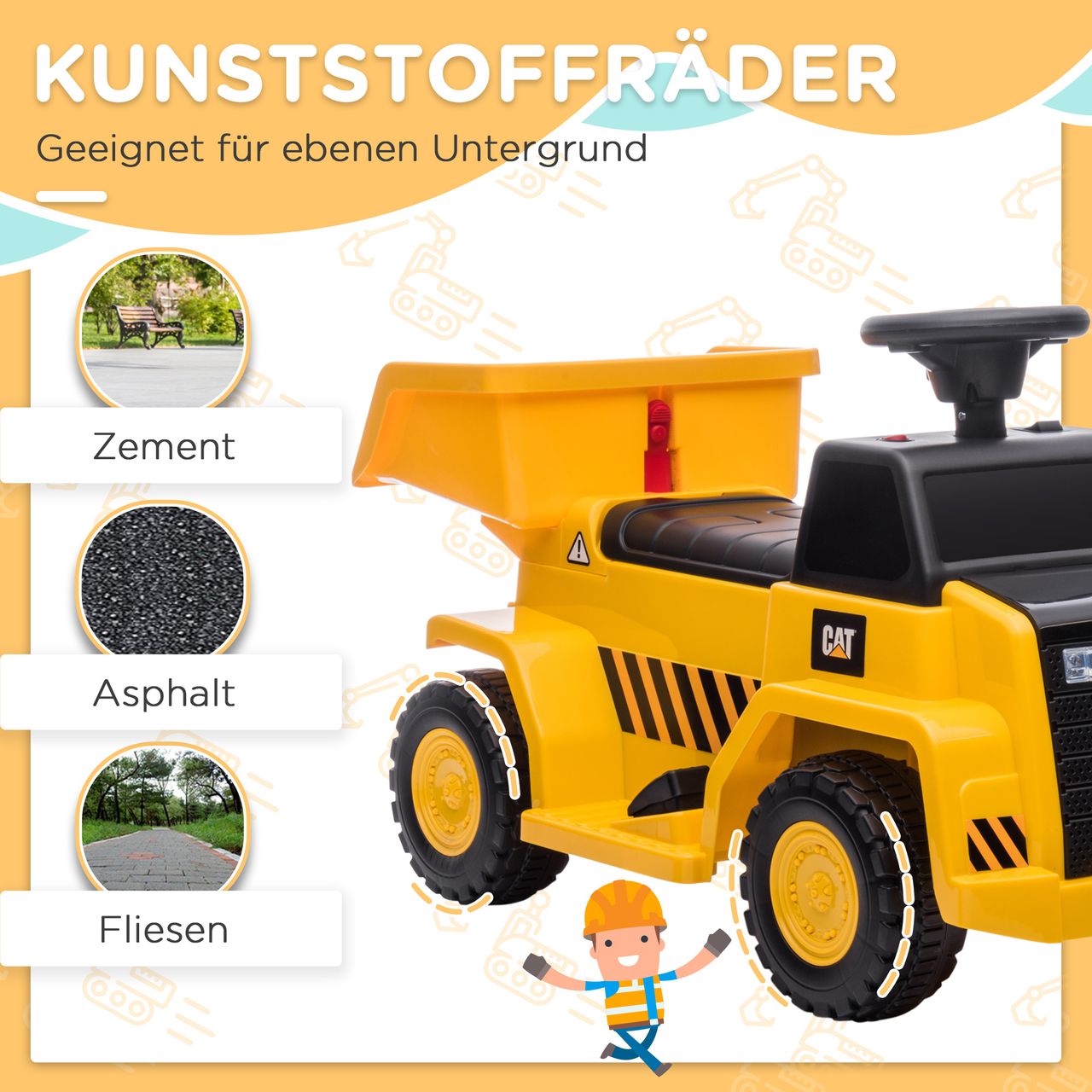 HOMCOM Elektro Kindertraktor mit kippbarer Ladefläche, max. 3 km/h Metall Gelb