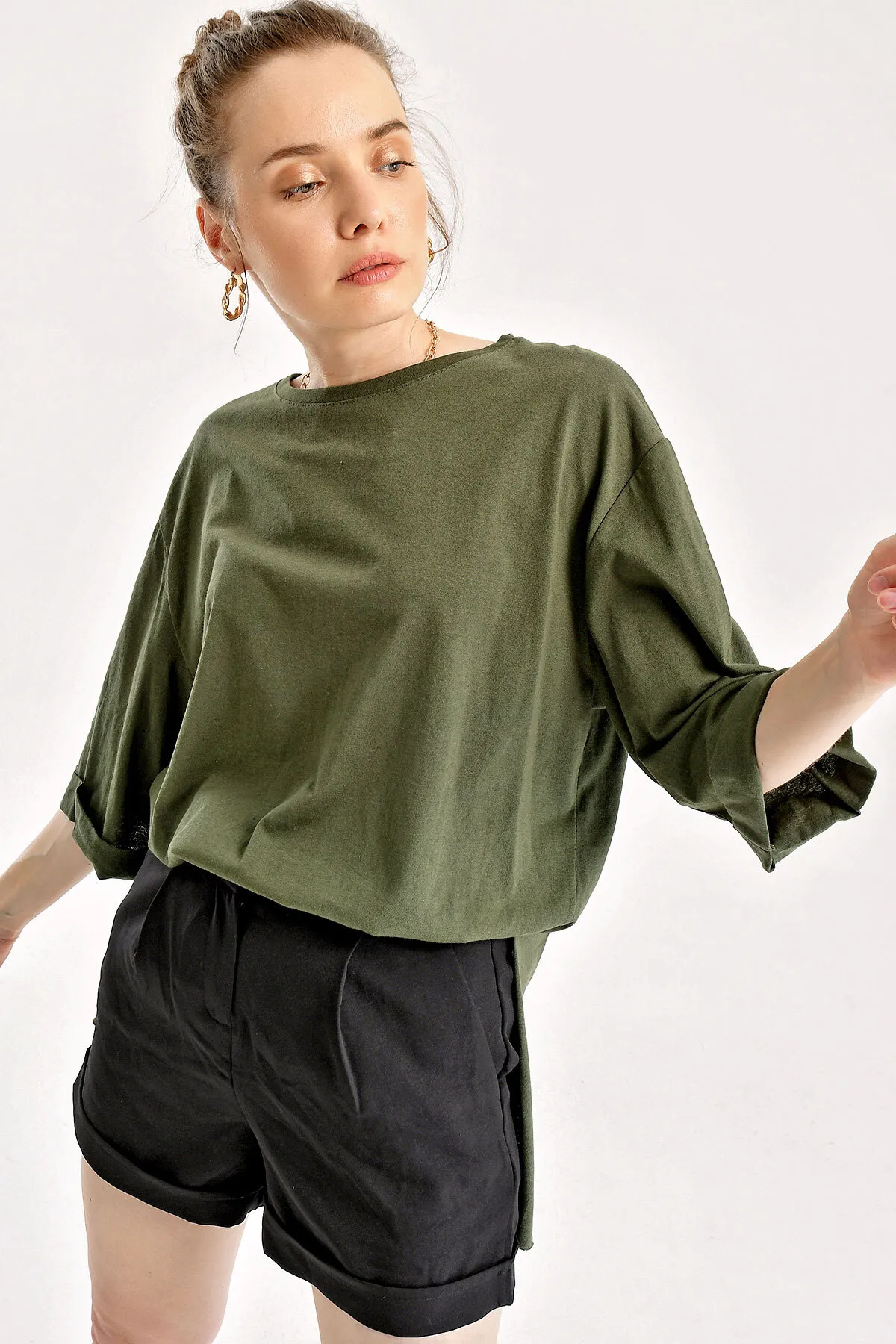 Bigdart  4123 Übergroßes T-Shirt mit Schlitz – Khaki