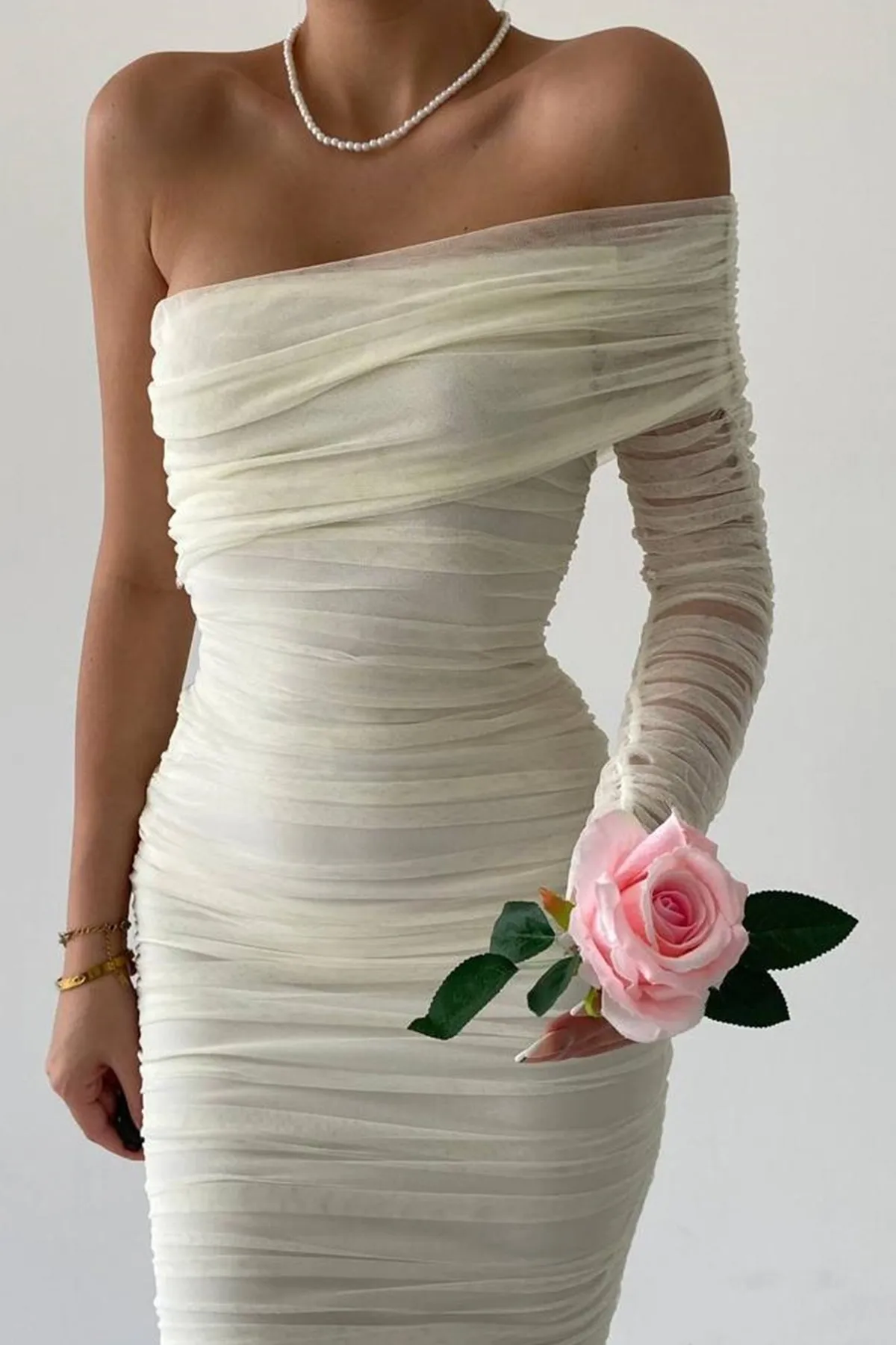 bayansepeti  Gefütterter Tüllstoff mit Einzelärmeln, schmale Passform, Midi-Länge, weißes Bleistiftkleid, Verlobungskleid 109