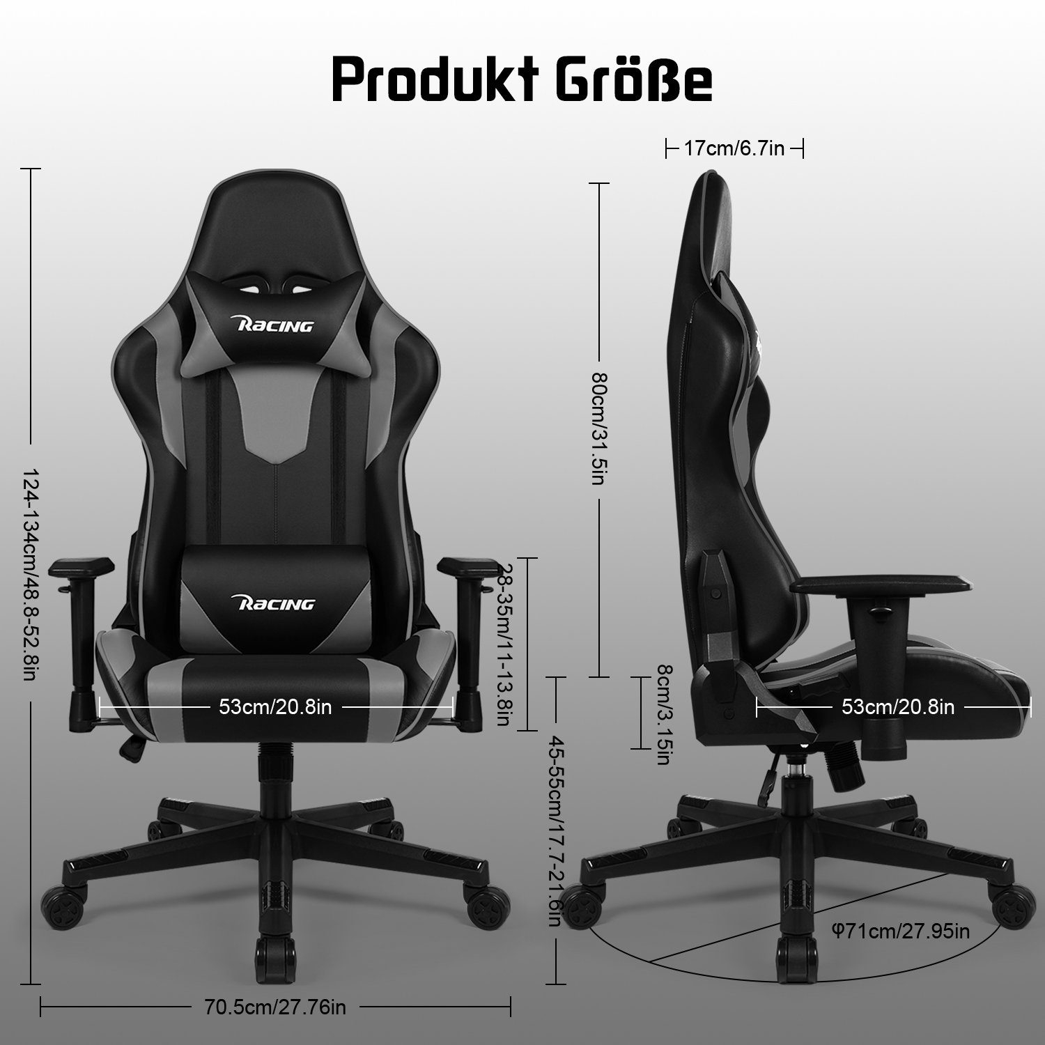 Authmic Gaming-Stuhl Gaming Stuhl, Bürostuhl (Ergonomischer Schreibtischstuhl (mit verstellbare Kopfstütze und Lendenwirbelstütze, Computerstuhl mit Lendenkissen,Gamer Stuhl Wippfunktion 90°-165°, PC Gamer Racing Stuhl bis 150kg)