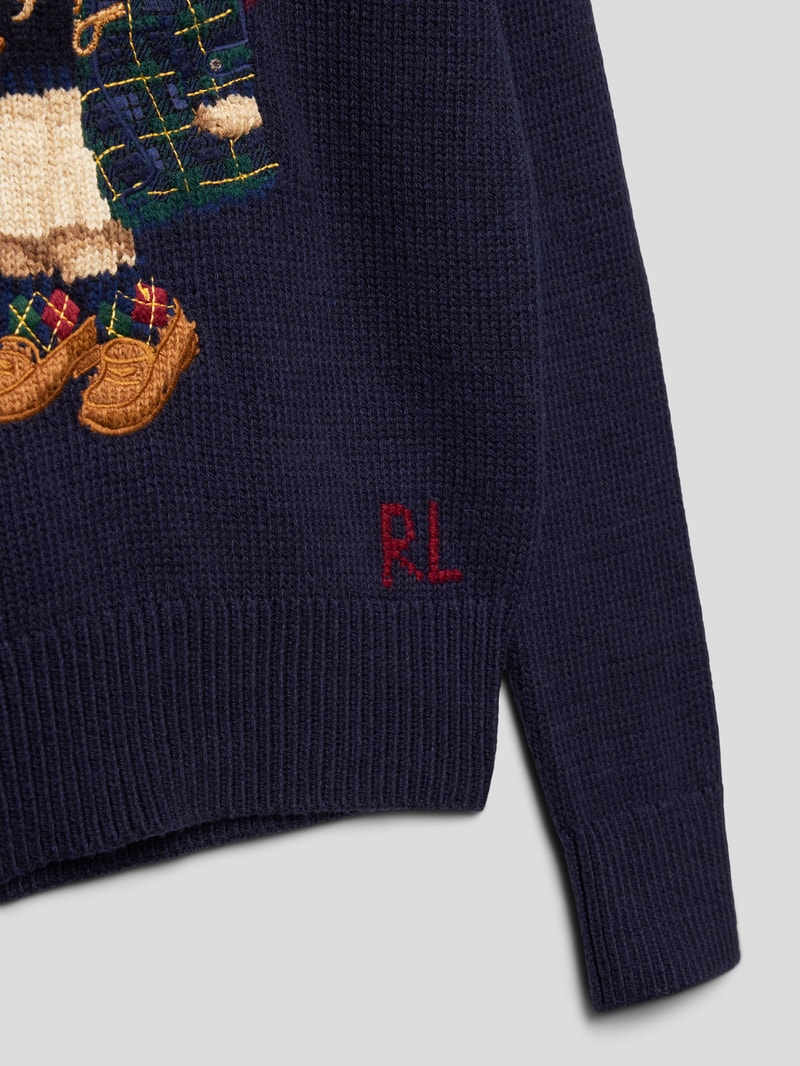 Strickpullover mti Motiv-Stitching Modell 'BEAR' in marineblau