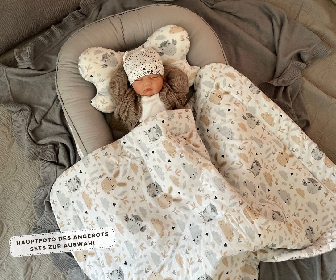 Loolay Bettnestchen BIO BAUMWOLLE BABYNEST Babykokon Neugeborene Babyaustattung SET, (4 Jahreszeiten Kuschelnest Reisebett SOLO/ o. im Premium SETS, 1-tlg., MUSTER: HASE Beige/ GRAU Nestchen 100% Baumwolle), LOOLAY® - 100% Europäische Stoffe und Klei