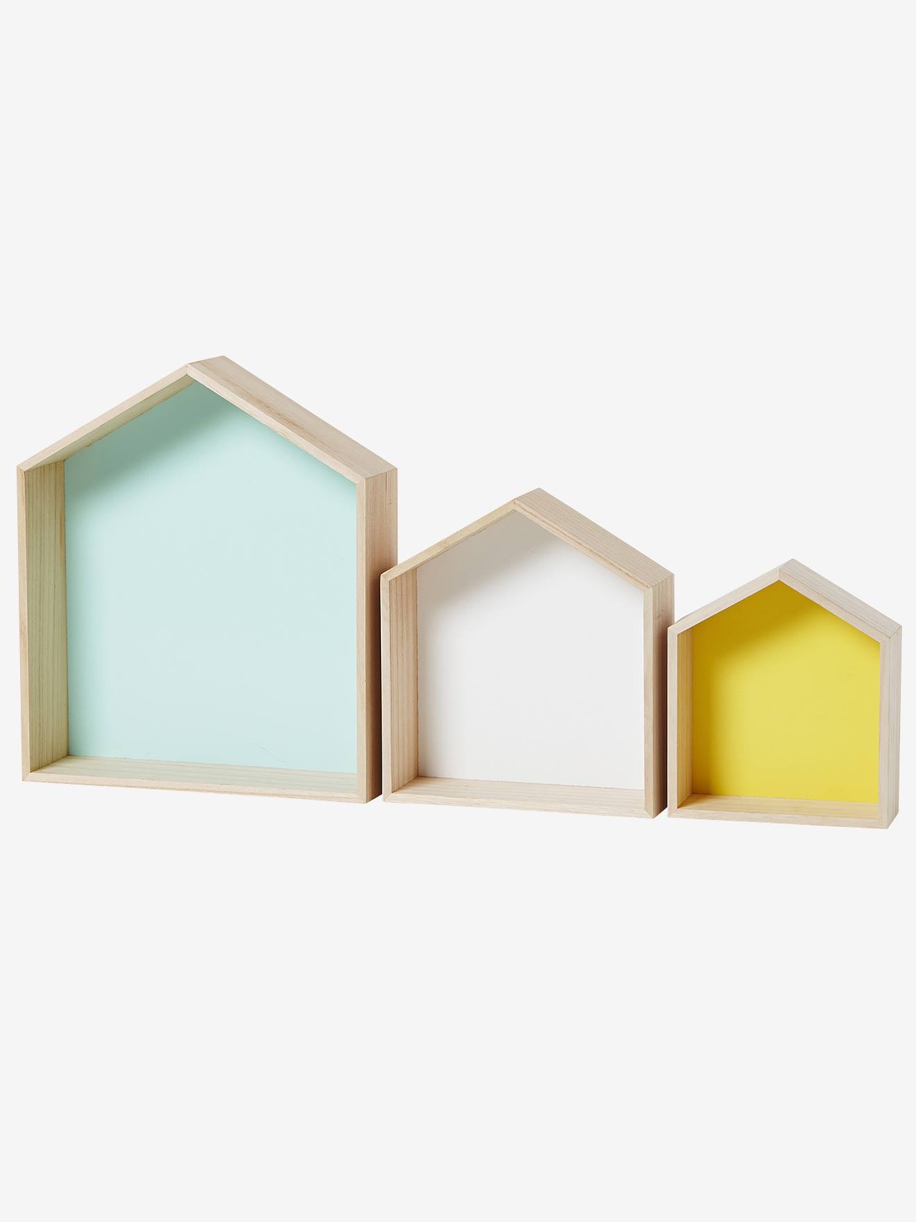 Lot de 3 étagères maison bois rose