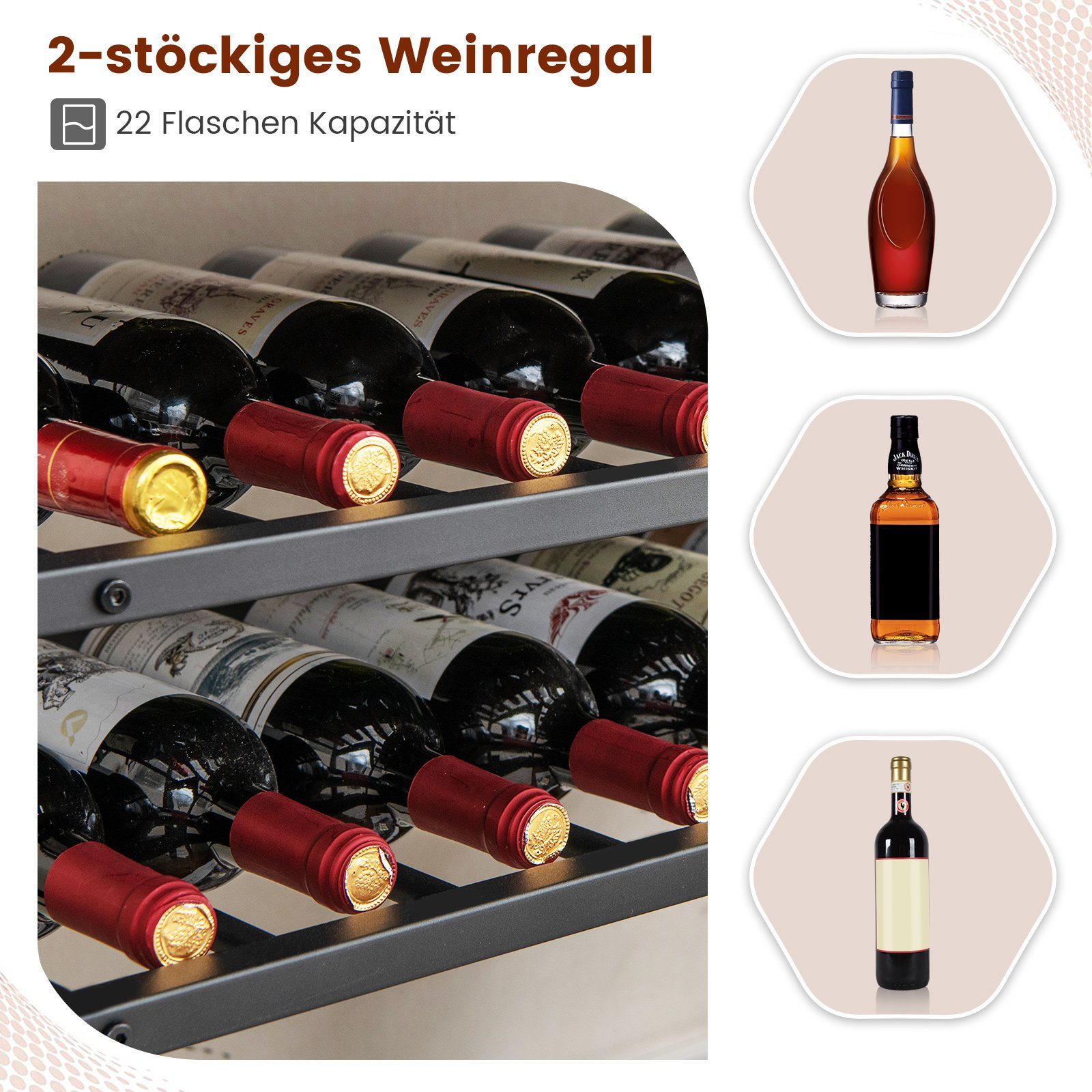 COSTWAY Weinregal, stehend, mit Glashalter & Regalen, Metall, 35x101x100cm