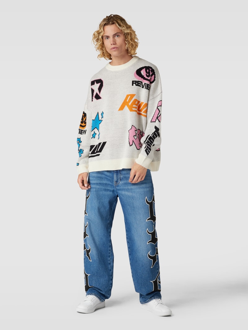 Oversized Strickpullover mit Motiv-Prints in ecru