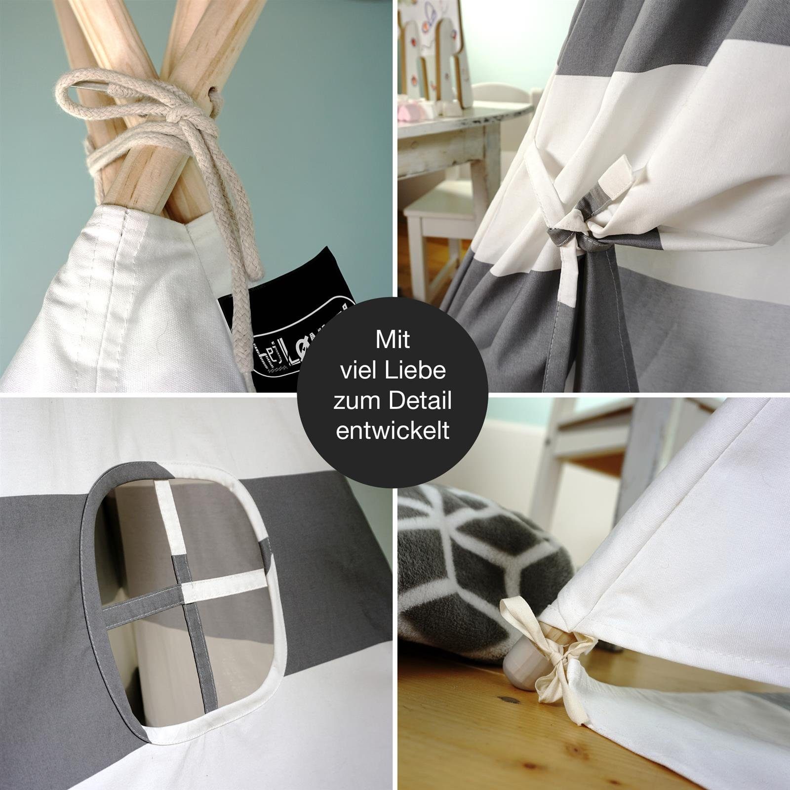 Hej Lønne Tipi-Zelt Tipi Zelt für Kinder grau gestreift Kinderzelt, (6er Set)