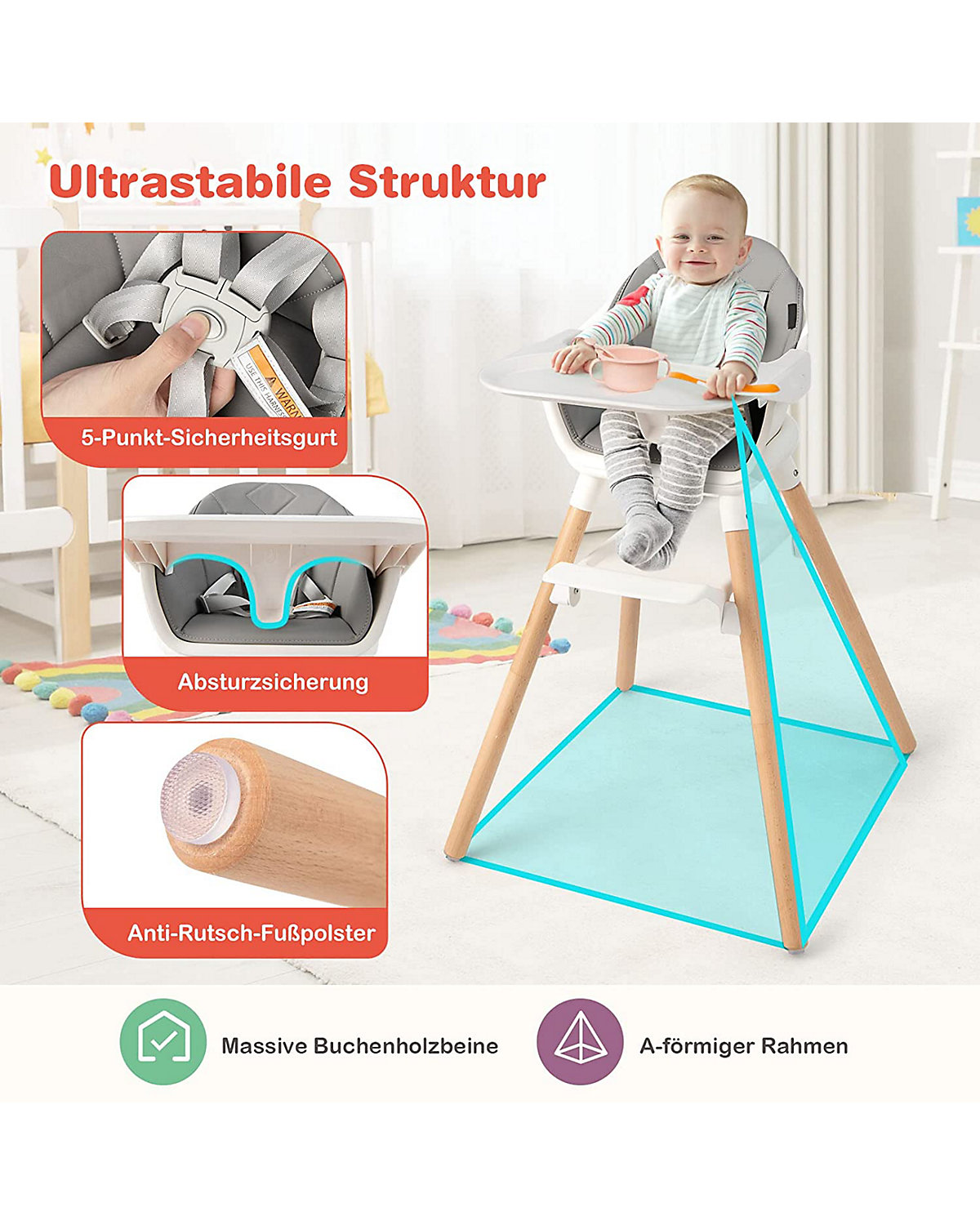 6 in 1 Hochstuhl mit Sitzkissen mit Tablett abnehmbar