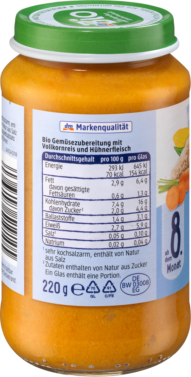 Menü Gemüsereis mit Huhn, ab dem 8.Monat, 220 g