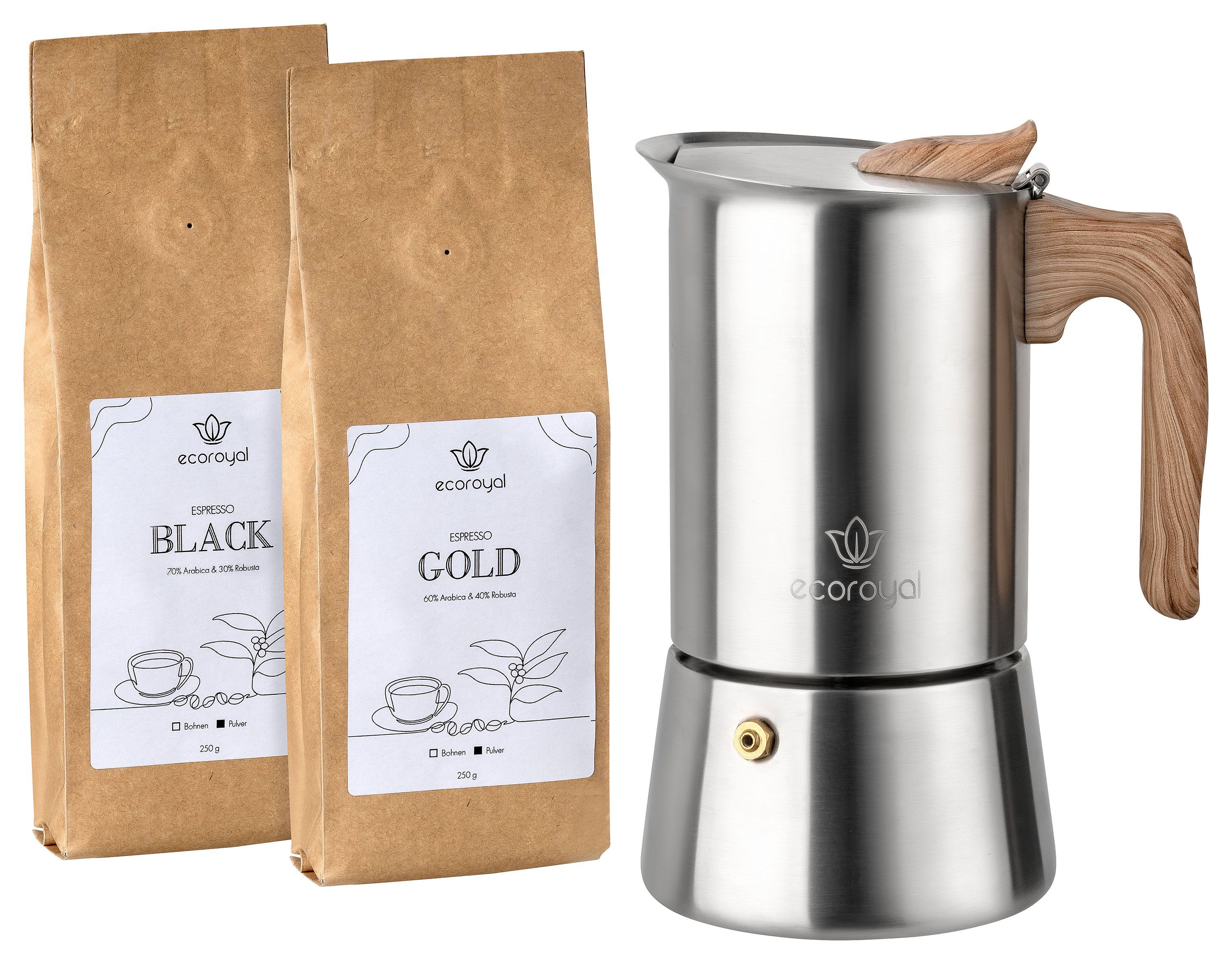 ecoroyal Espressokocher Espressokocher, Edelstahl, Induktion geeignet I Für 1 bis 6 Tassen