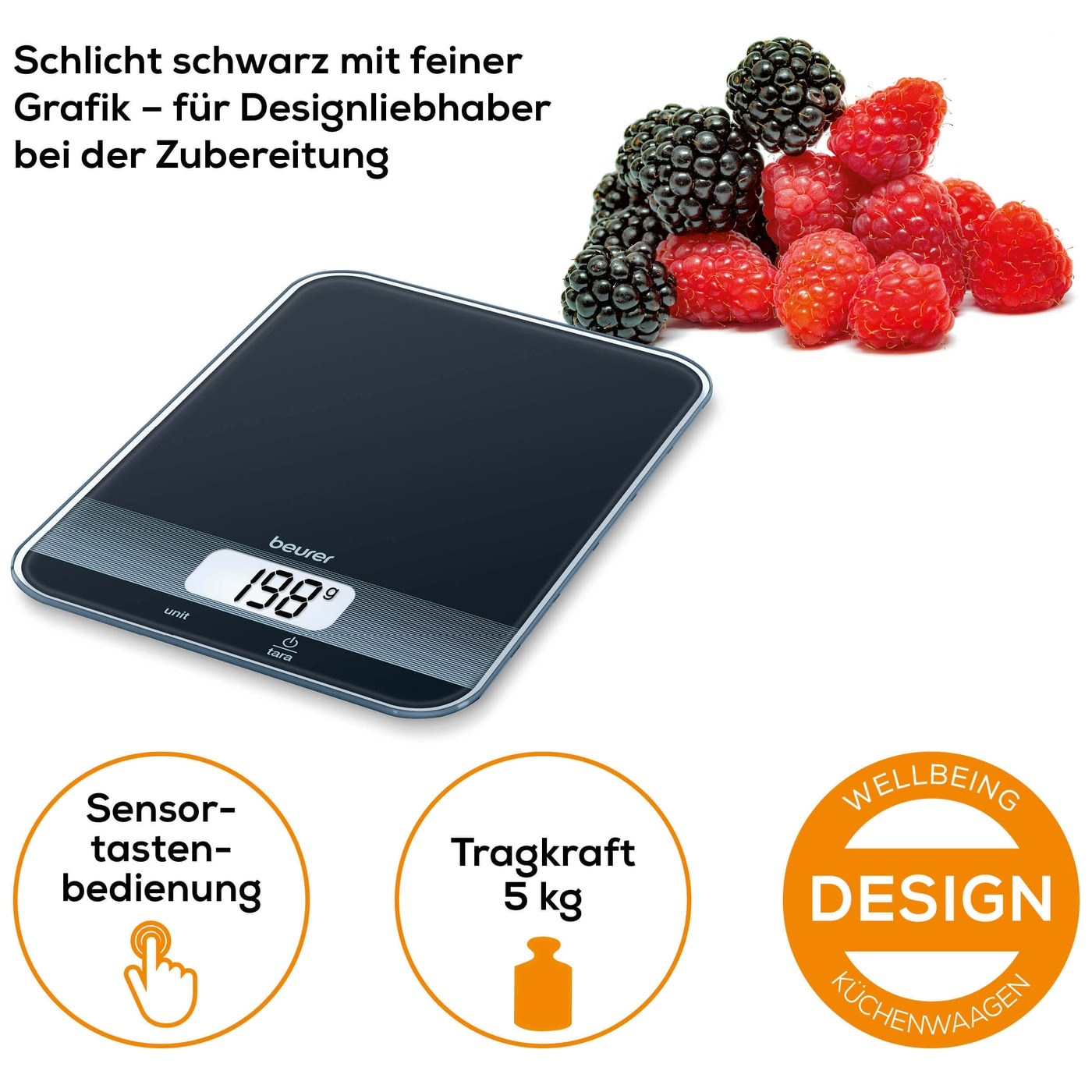 Beurer Küchenwaage KS 19 Black-Küchenwaage mit edler, schwarzen Glasoberfläche & Tarafunktion