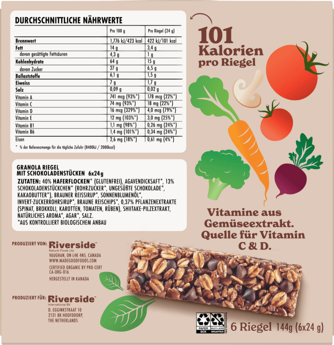 Müsliriegel, Granola Schokoladenstückchen (6 Stück), 144 g