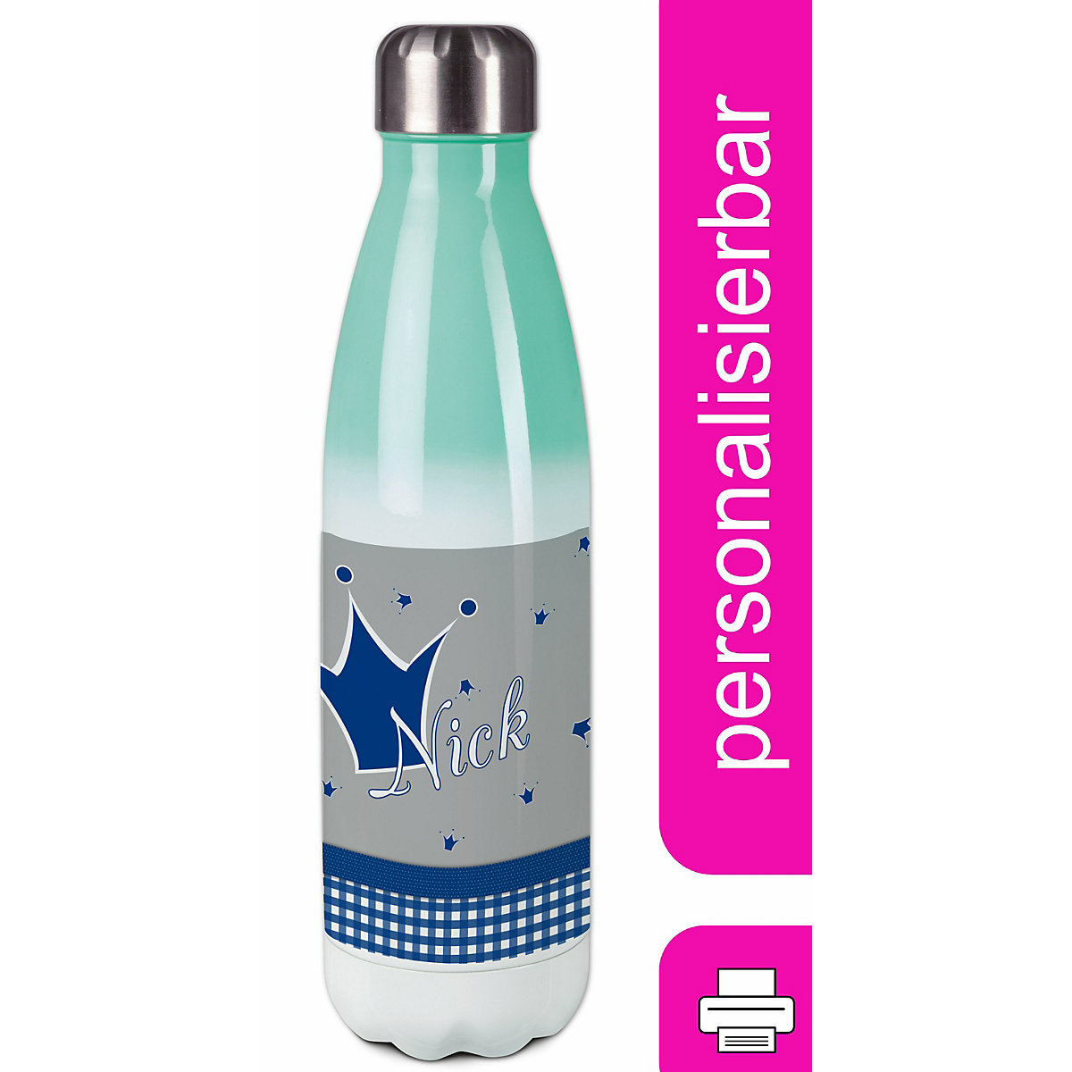 Edelstahl Kinder Thermoflasche / Trinkflasche bunt Krone Farbe blau grau Spülmaschinenfest, Auslaufsicher, Bruchfest, Doppelwandig, Für Heißgetränke geeignet, Mit Deckel, Isoliert